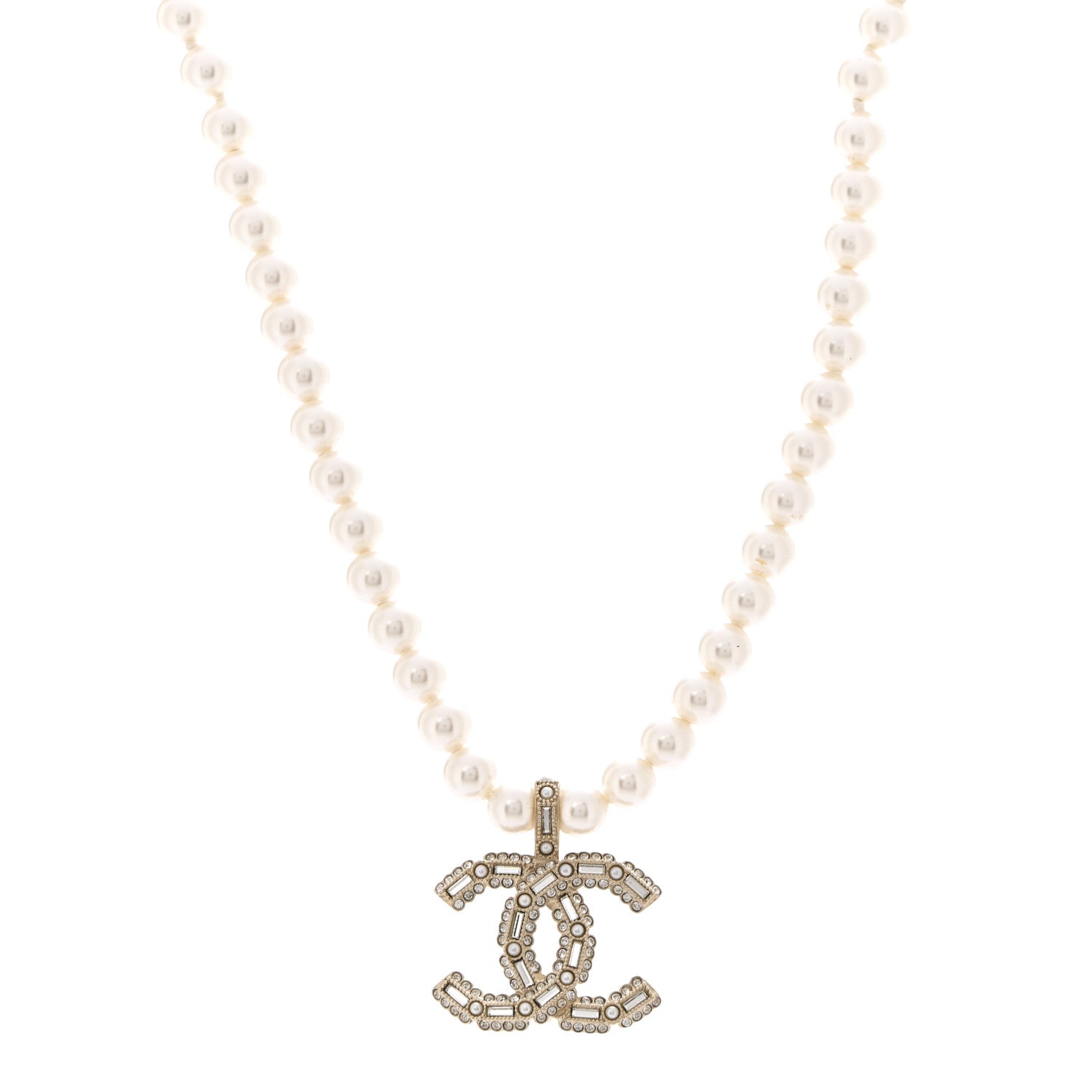 Pearl Crystal Baguette CC Short Necklace Gold