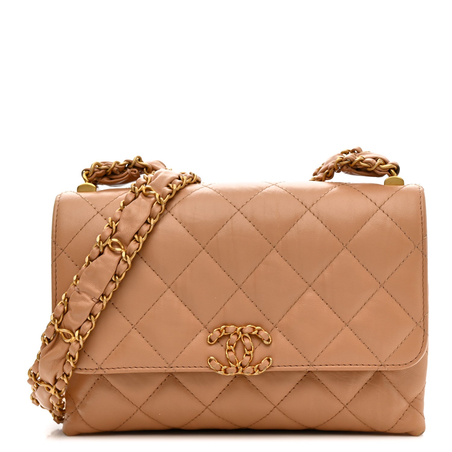 Crumpled Calfskin Quilted Coco First Flap Beige