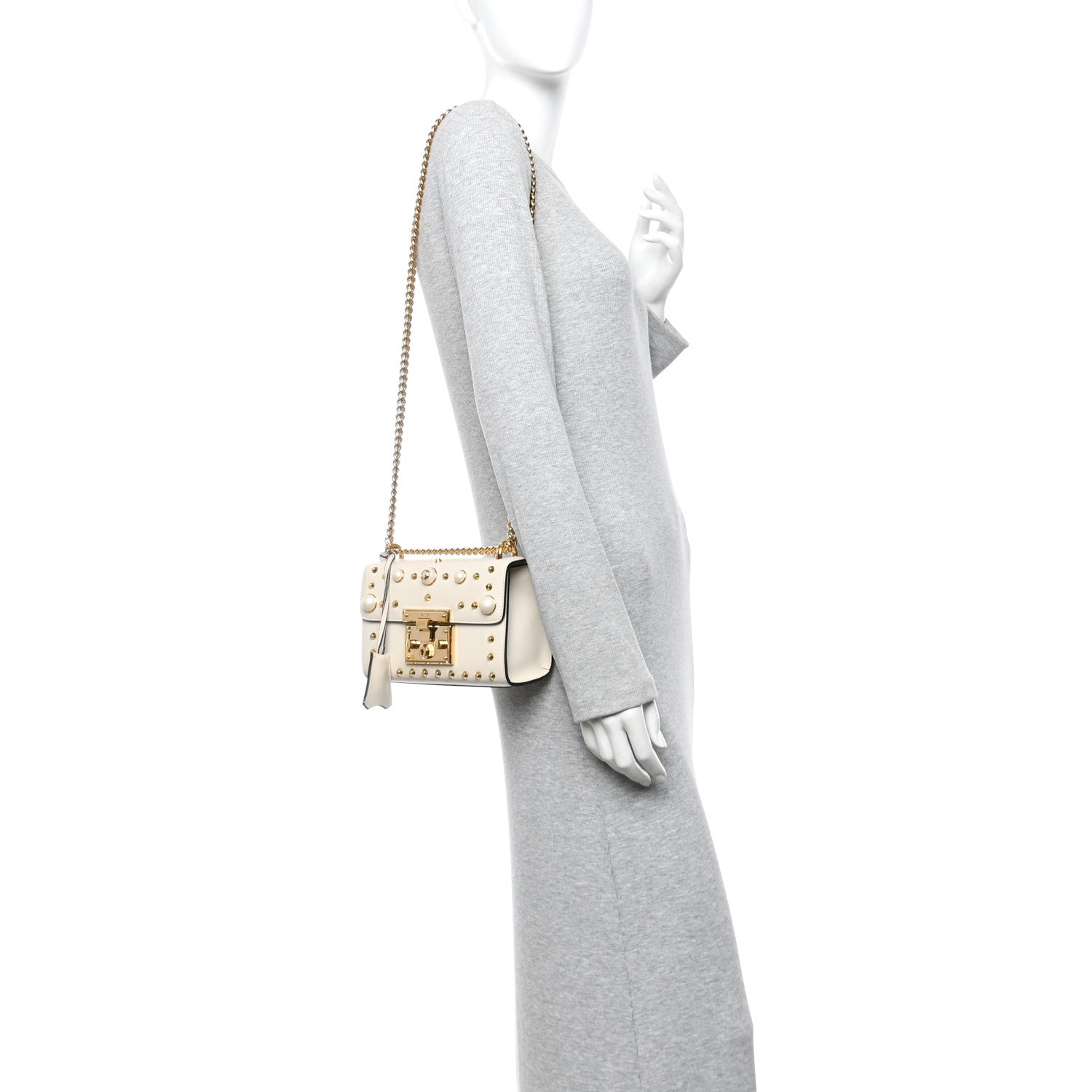 Calfskin Studded Small Padlock Shoulder Bag White