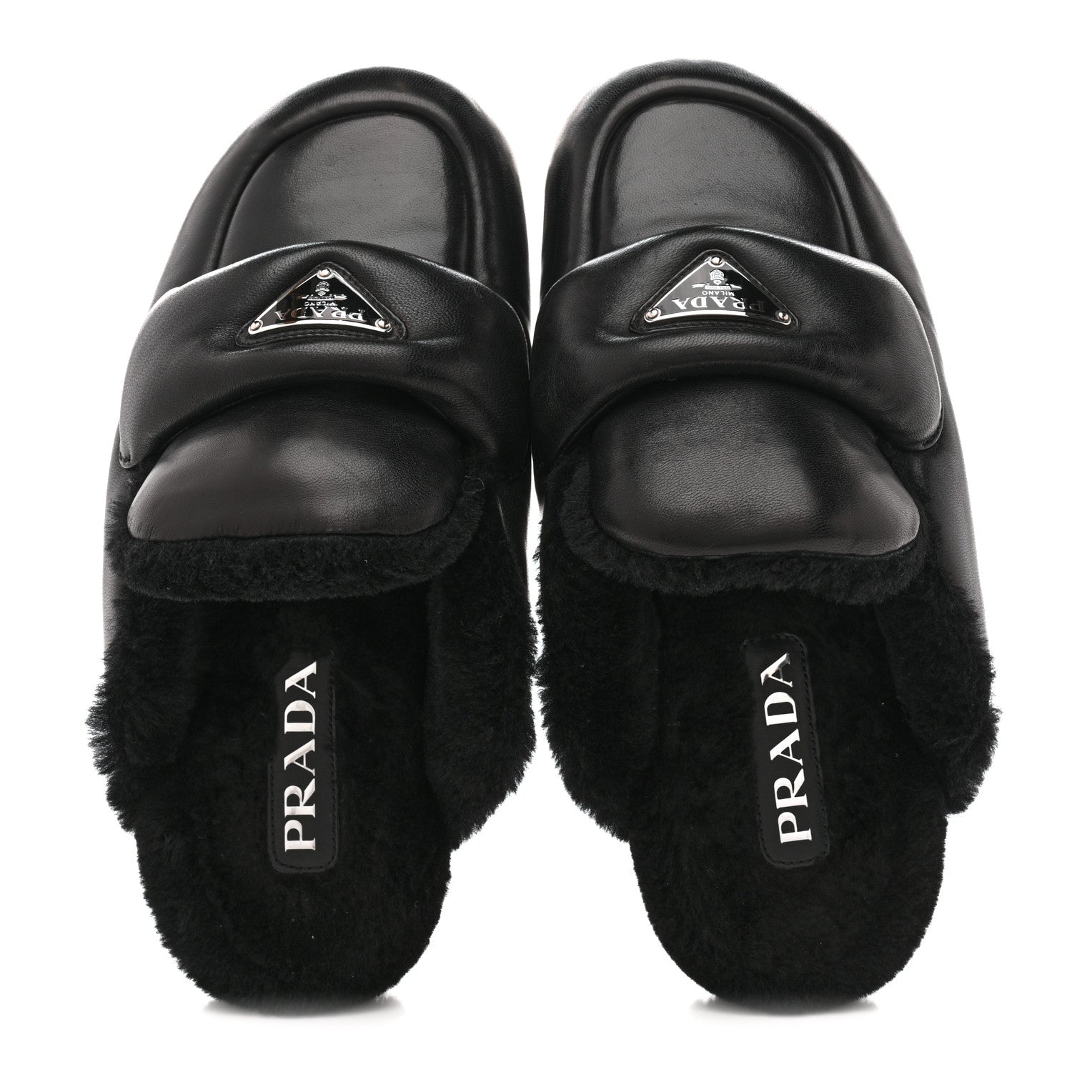 Nappa Shearling Soft Padded Metal Triangle Logo Lug Sole 20mm Mules 38 Black