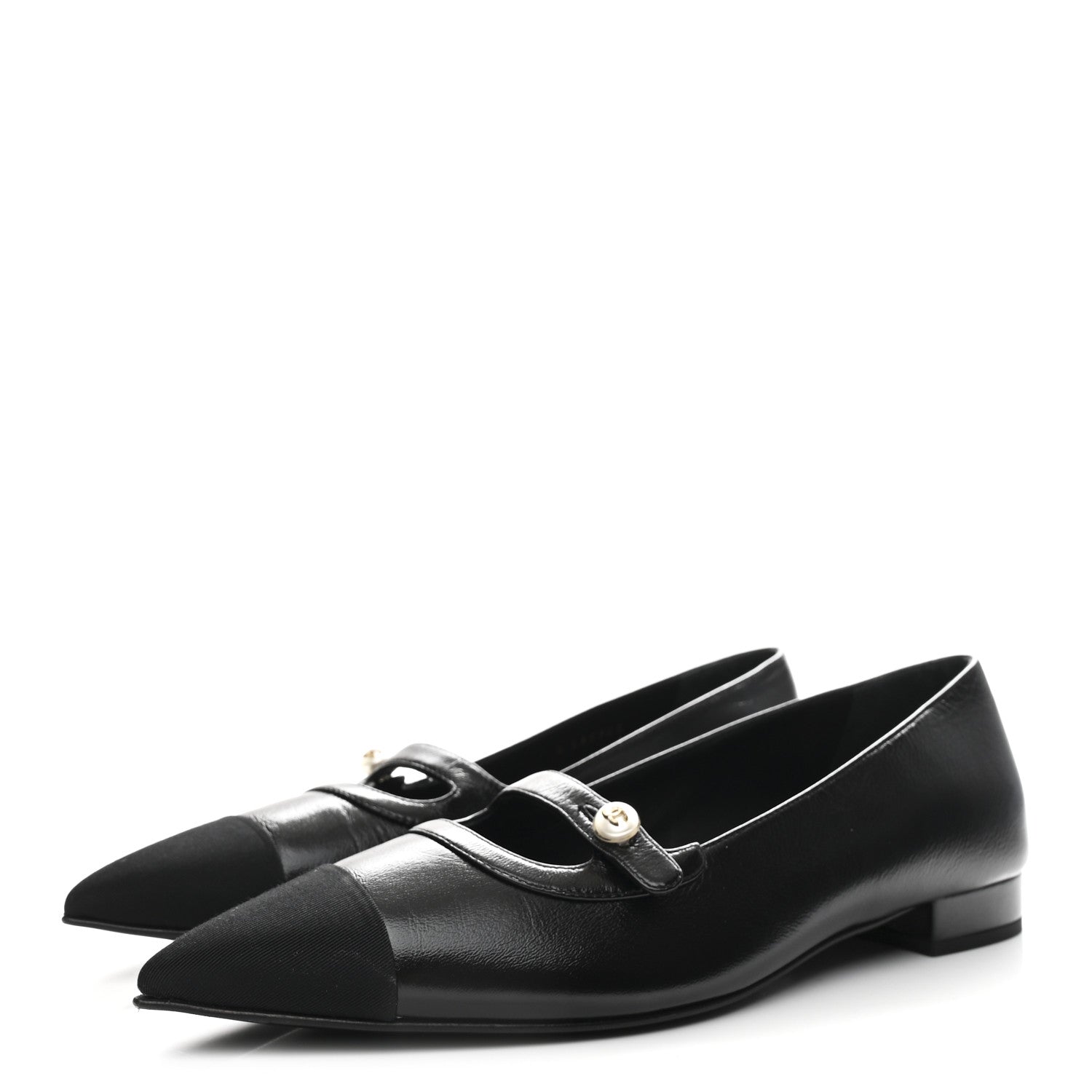 Shiny Lambskin Grosgrain Pearl Mary Jane Flats 40 Black