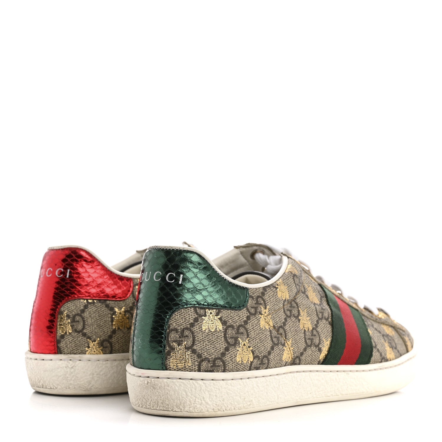 GG Supreme Monogram Bees Ayers Web Womens Ace Sneakers 37.5 Beige Oro Green Red