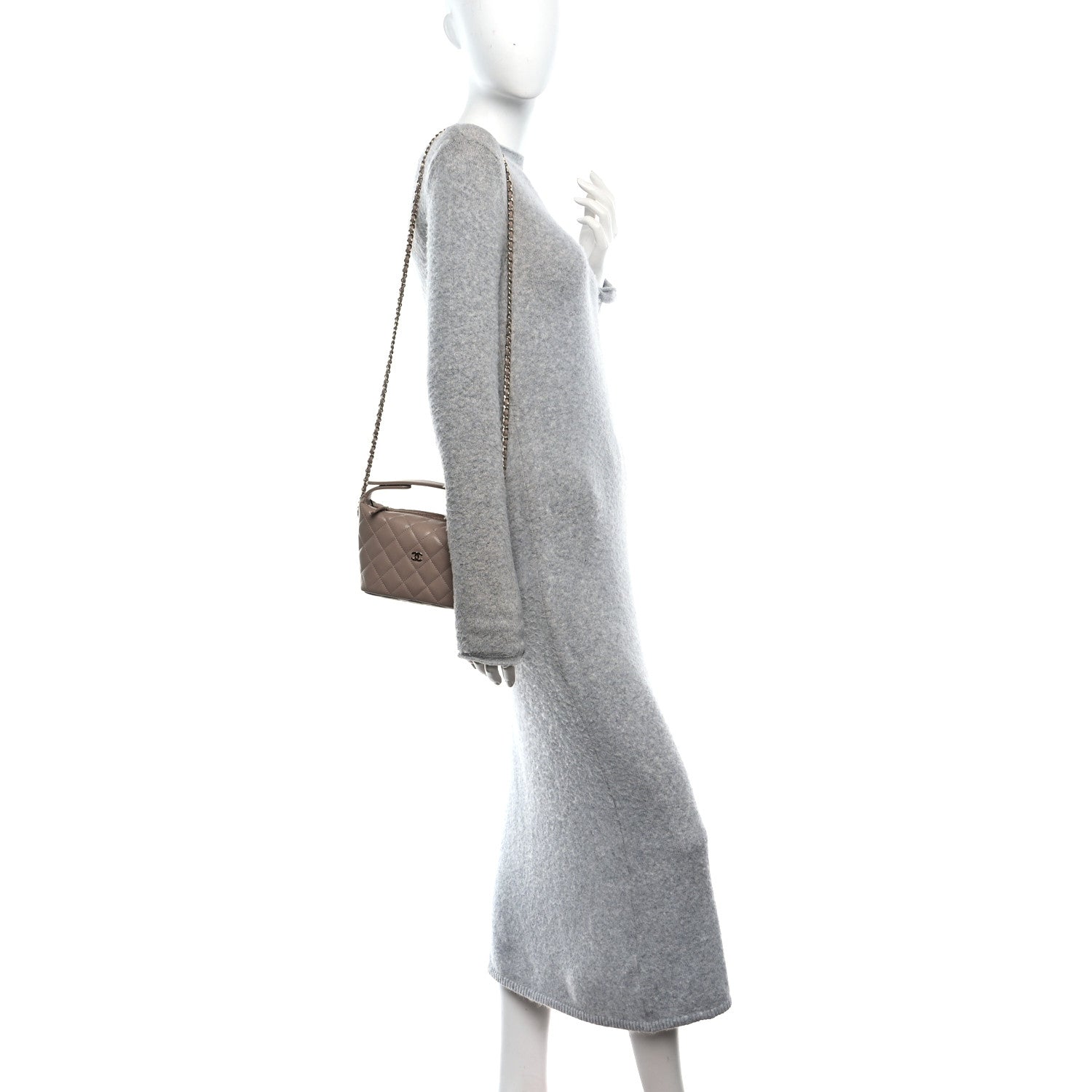 Caviar Quilted Hobo Clutch With Chain Dark Beige