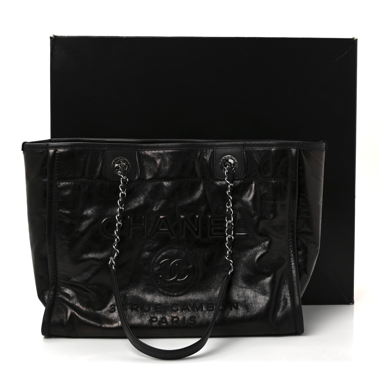 Glazed Calfskin Small Deauville Tote Black