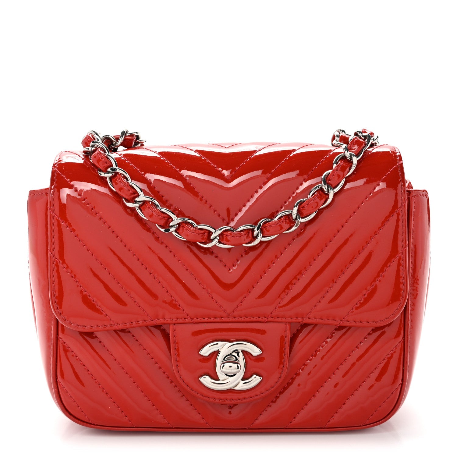 Patent Chevron Quilted Mini Square Flap Red