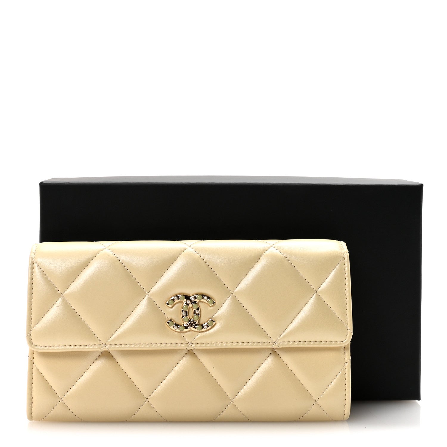 Iridescent Lambskin Quilted CC Flap Wallet Beige