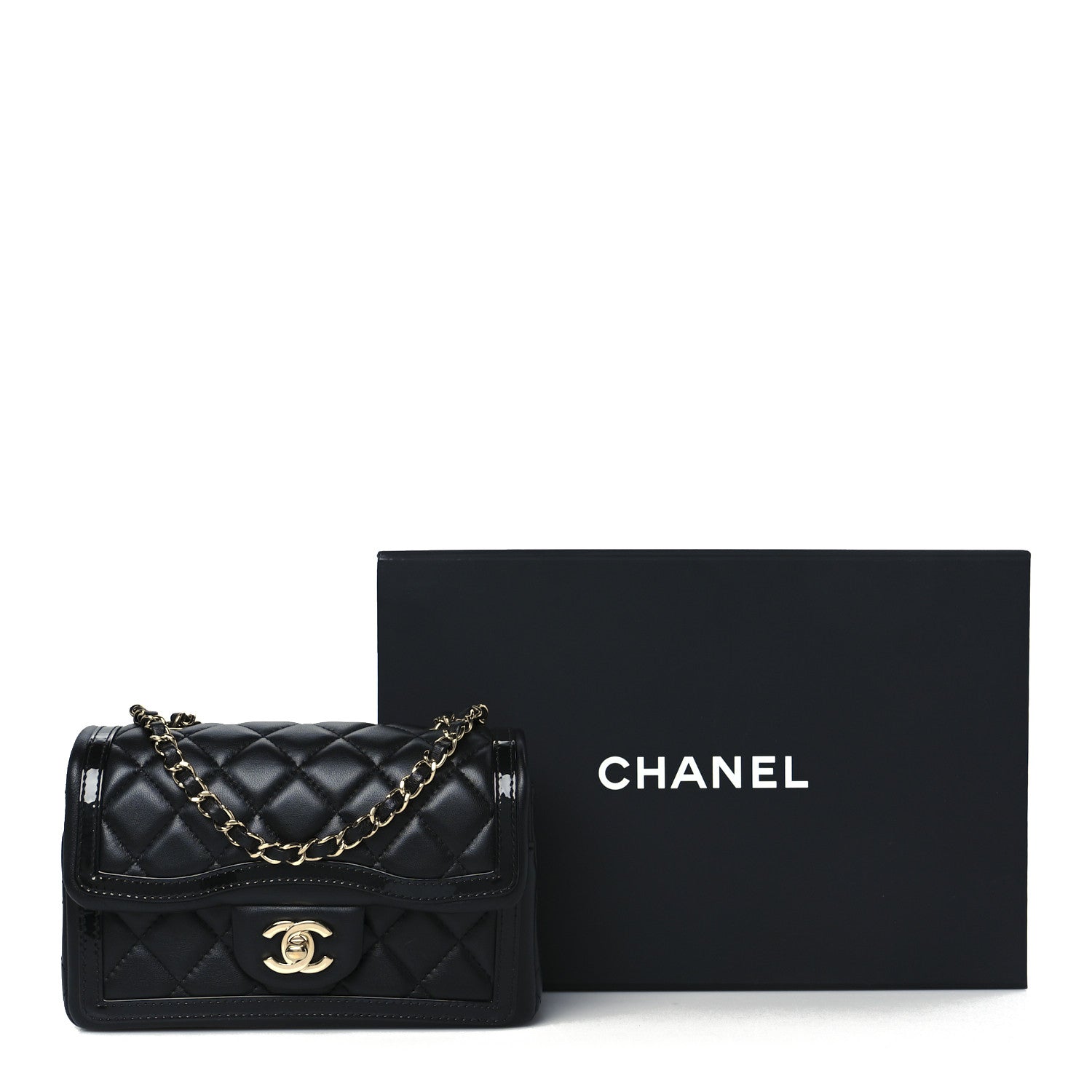 Shiny Lambskin Quilted Half Mini Flap Black