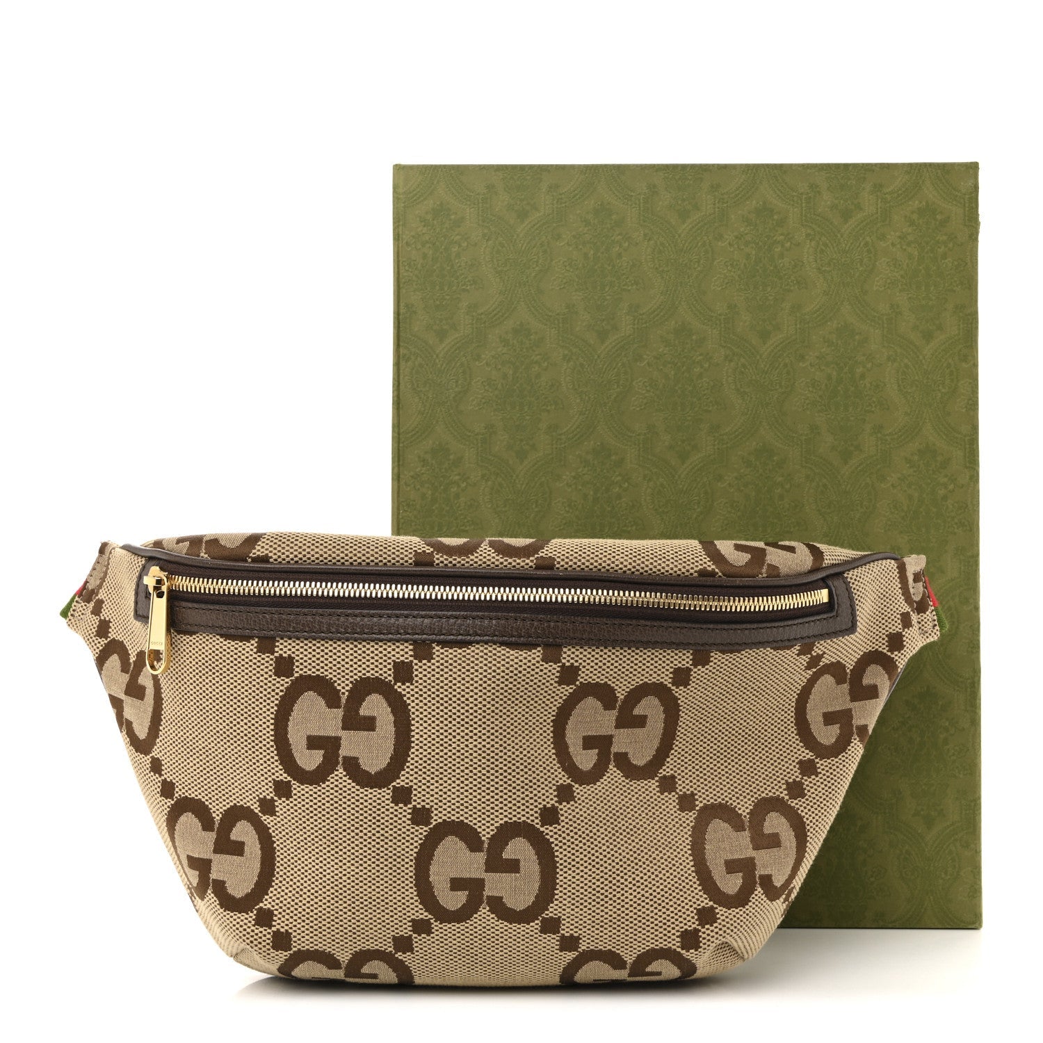 Monogram Jumbo GG Textured Dollar Calfskin Web Belt Bag Camel Ebony New Acero