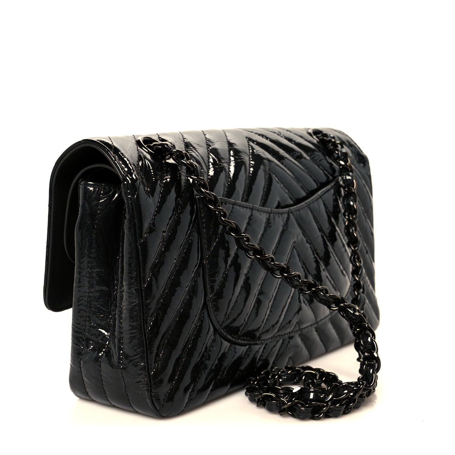 Metallic Patent Crumpled Calfskin Chevron Quilted Medium Double Flap So Black