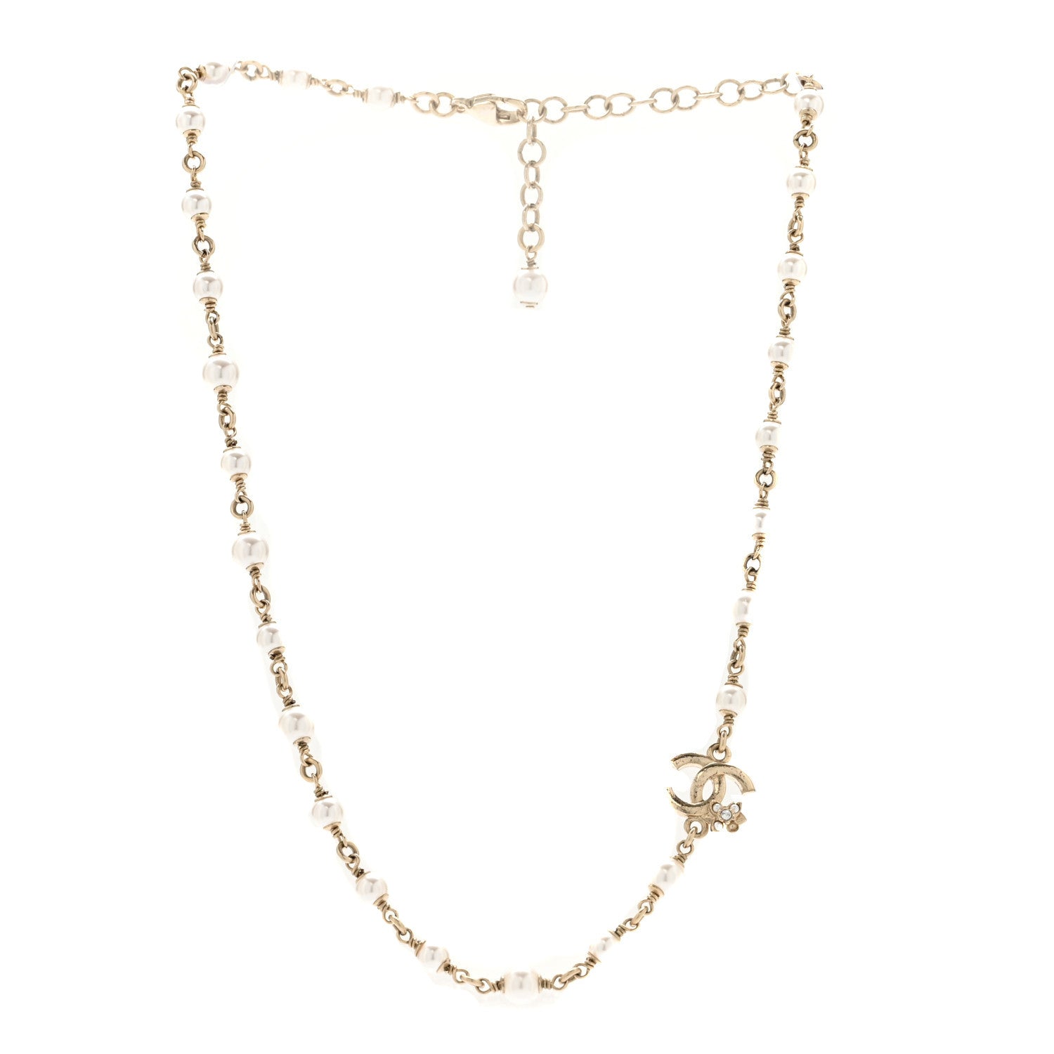Pearl Crystal CC Flower Necklace Pearly White Light Gold