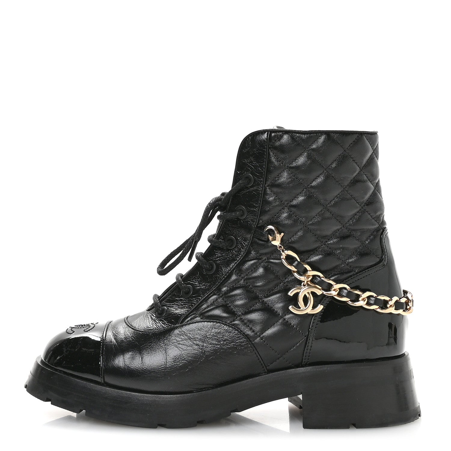 Shiny Calfskin Patent Quilted Chain Lace Up Combat Boots 40 Black