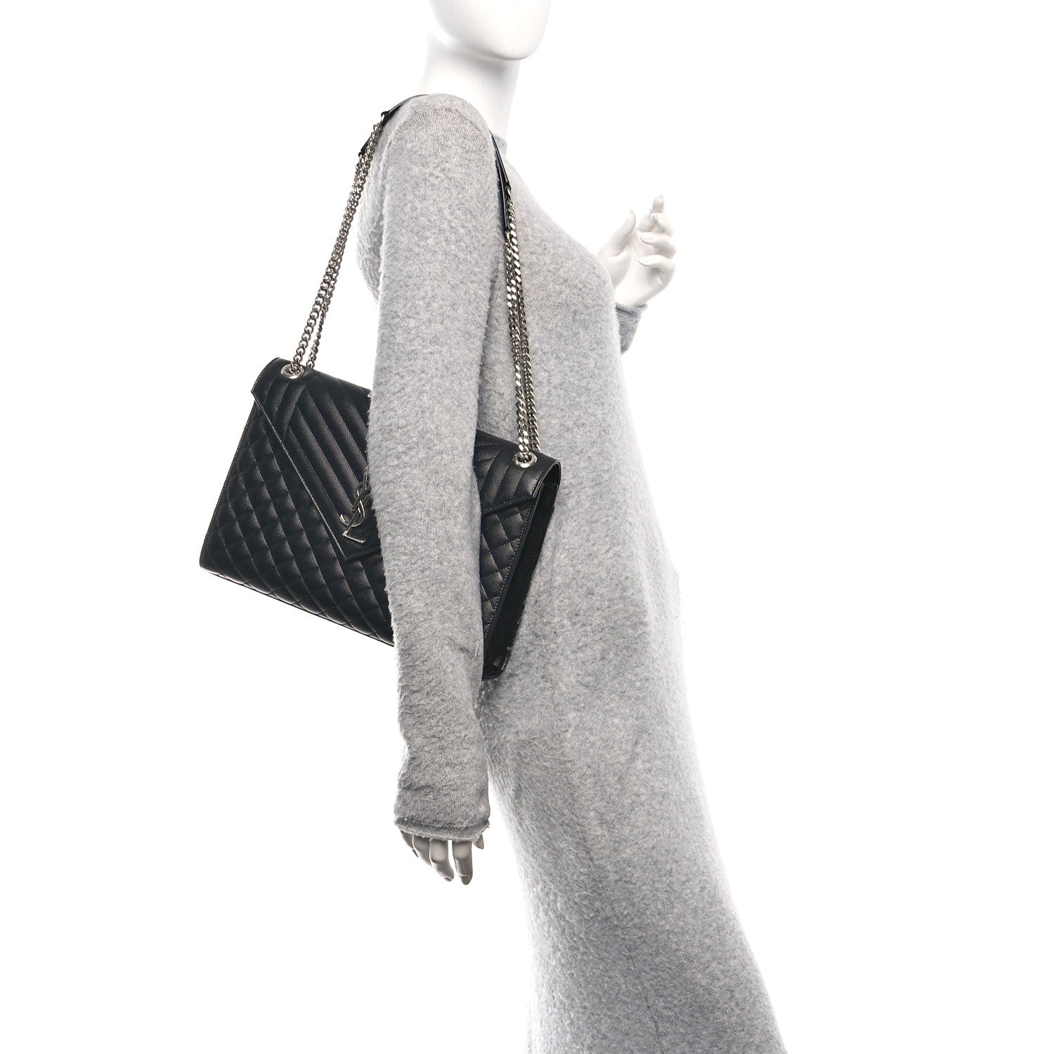 Grain De Poudre Textured Mixed Matelasse Large Triquilt Monogram Satchel Black