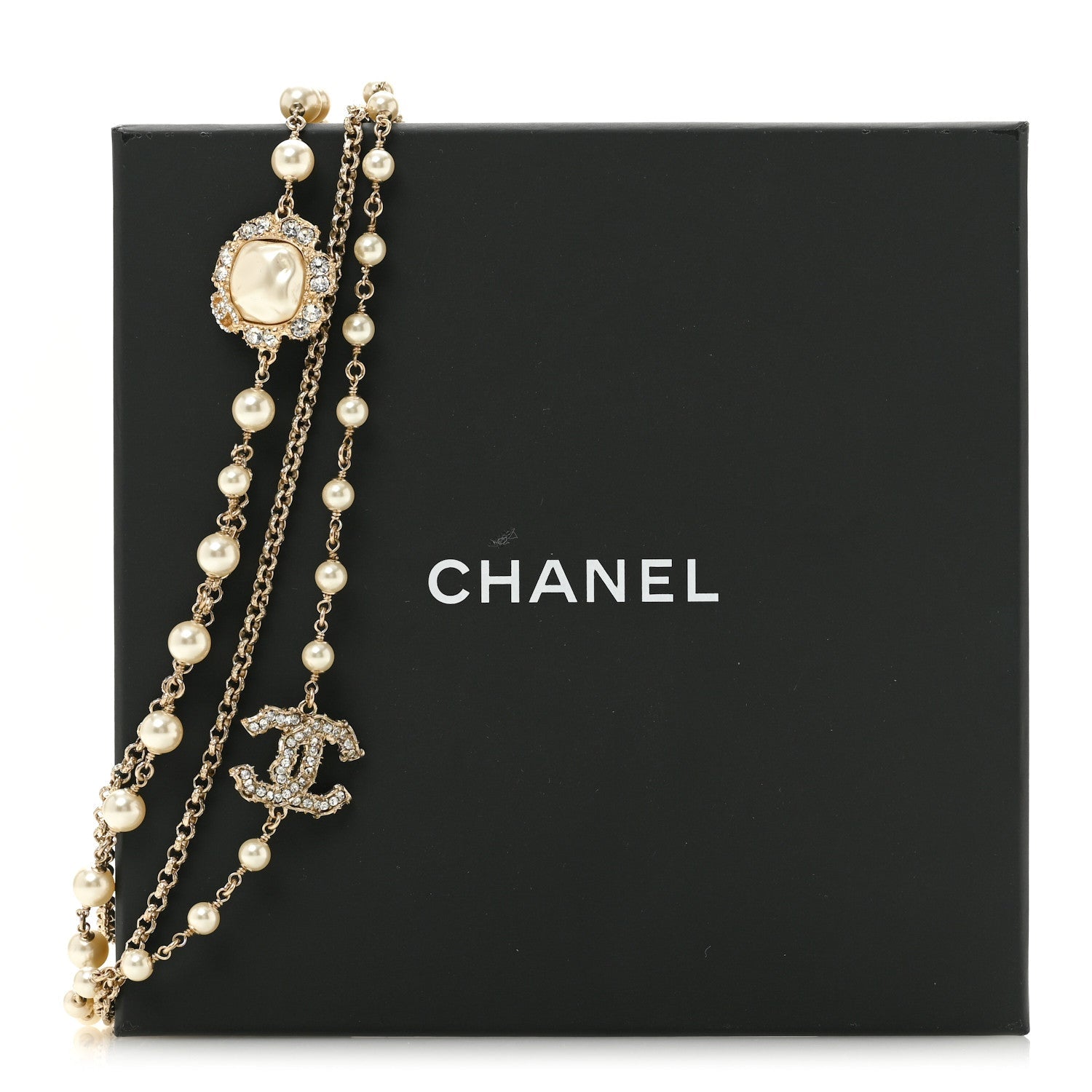 Pearl Crystal CC Camellia Express Long Necklace Gold
