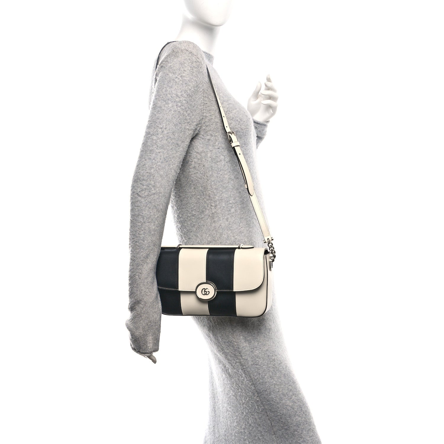 Senna Calfskin Lines Petite GG Top Handle Shoulder Bag Black Mystic White