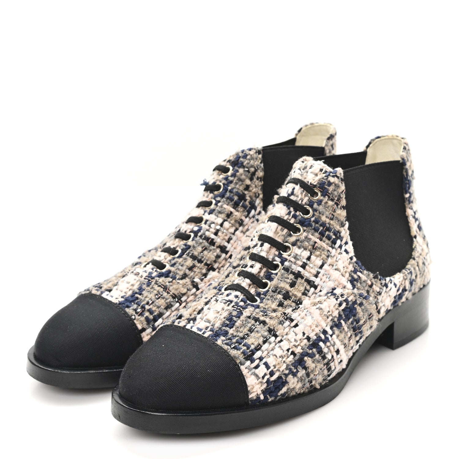Tweed Calfskin Pearl Combat Short Boots 36 Beige Pink Black