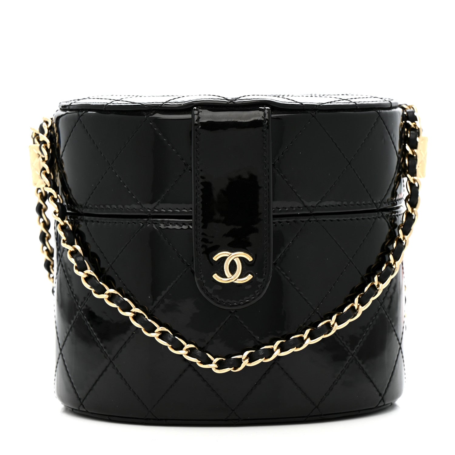 Patent Quilted Round Clutch With Chain Black