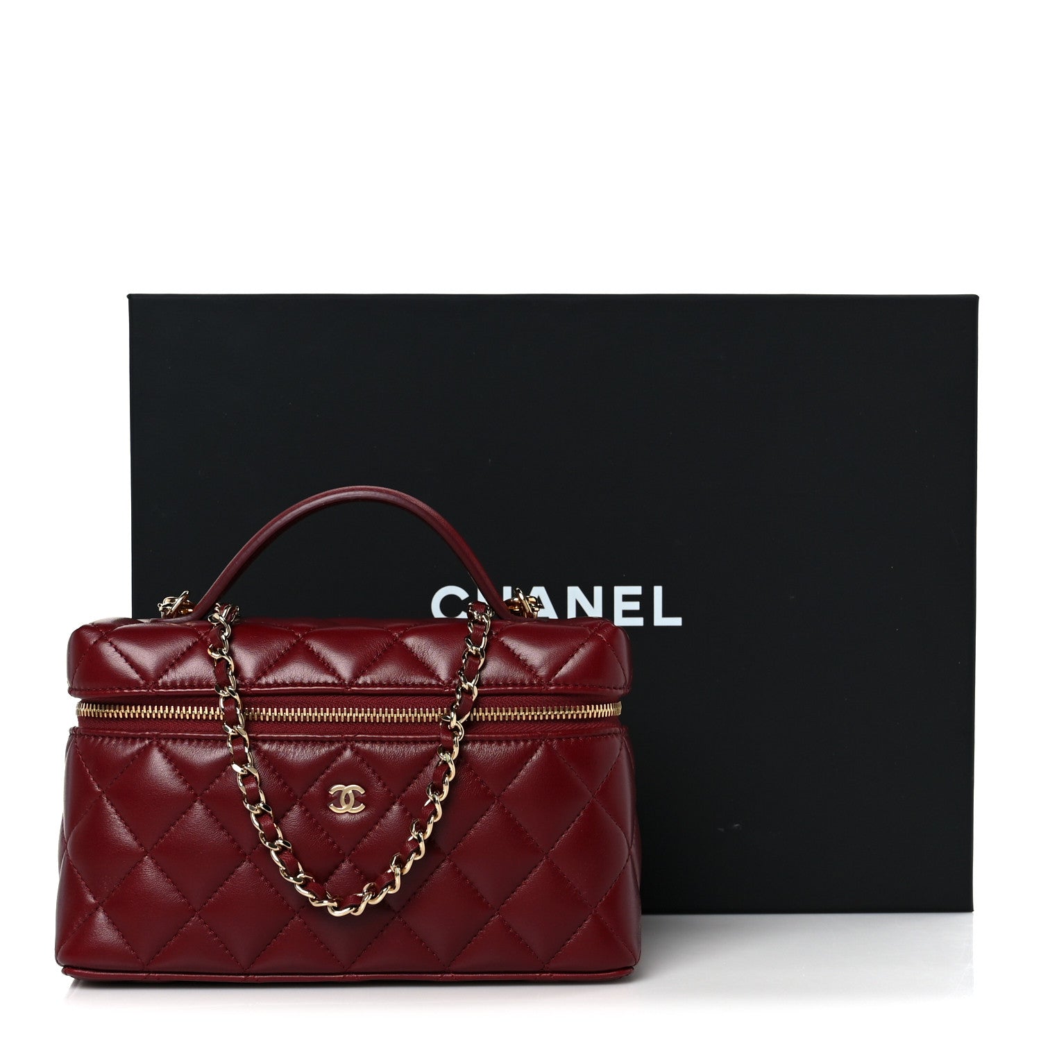 Caviar Quilted Top Handle Slim Vanity With Chain Burgundy