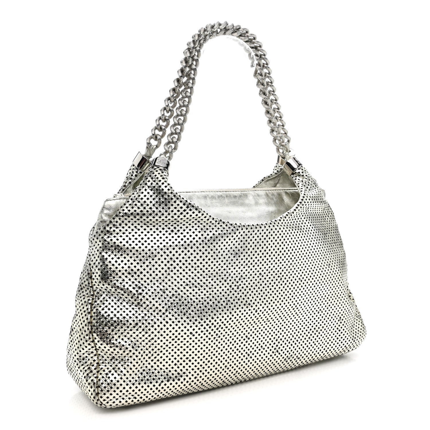 Metallic Glazed Calfskin Perforated Rodeo Drive Hobo Silver
