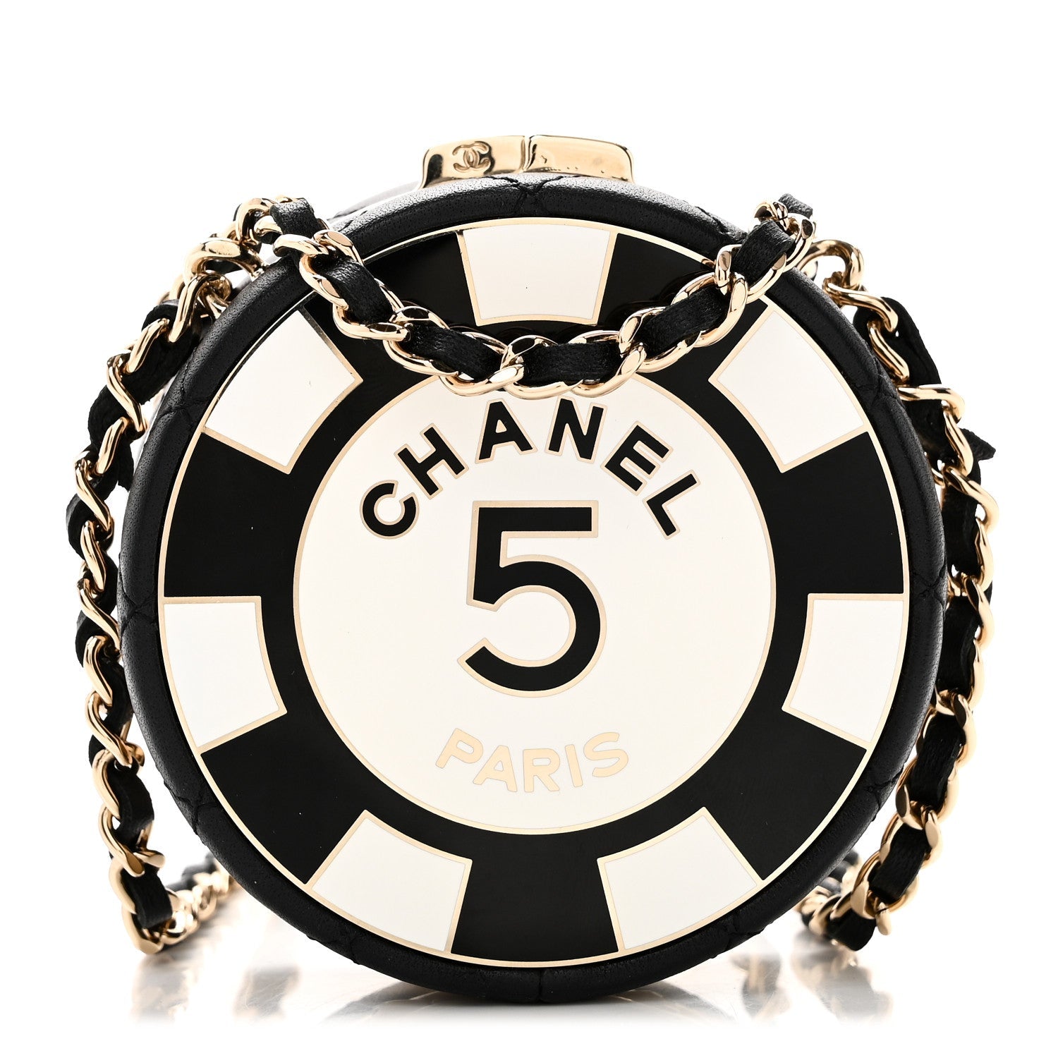 Lambskin Enamel Quilted Round Poker Chip Clutch With Chain Black White