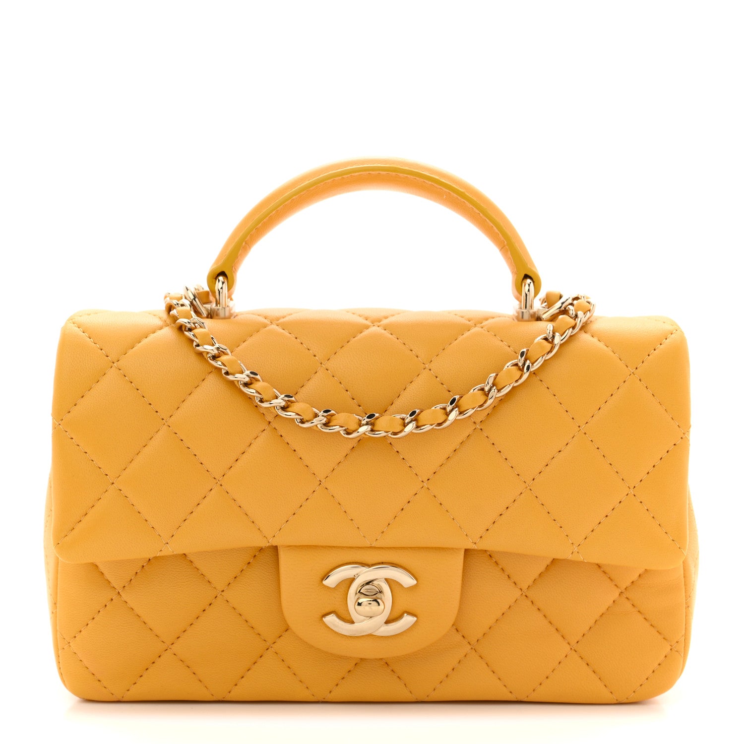 Lambskin Quilted Mini Top Handle Rectangular Flap Yellow