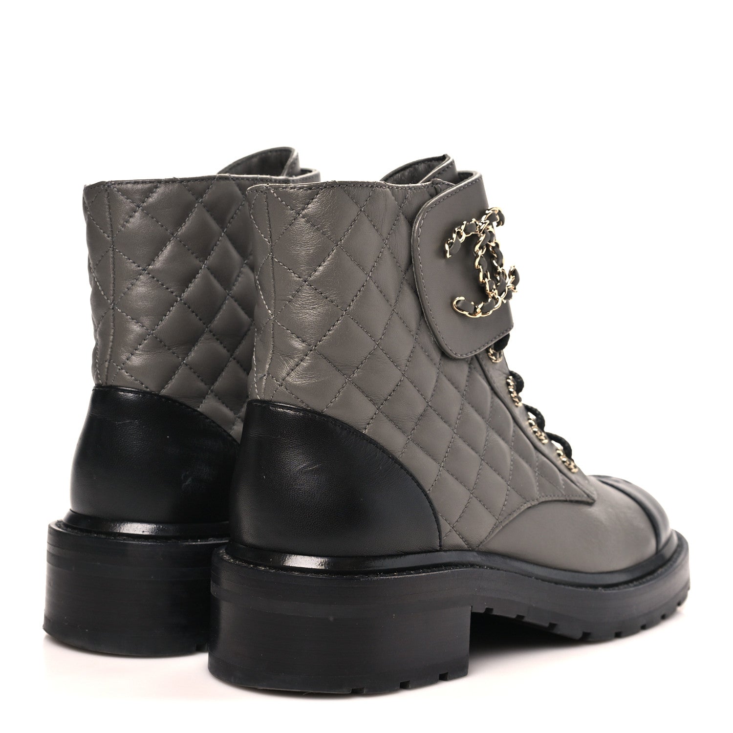 Shiny Lambskin Quilted Lace Up Combat Boots 39.5 Grey Black
