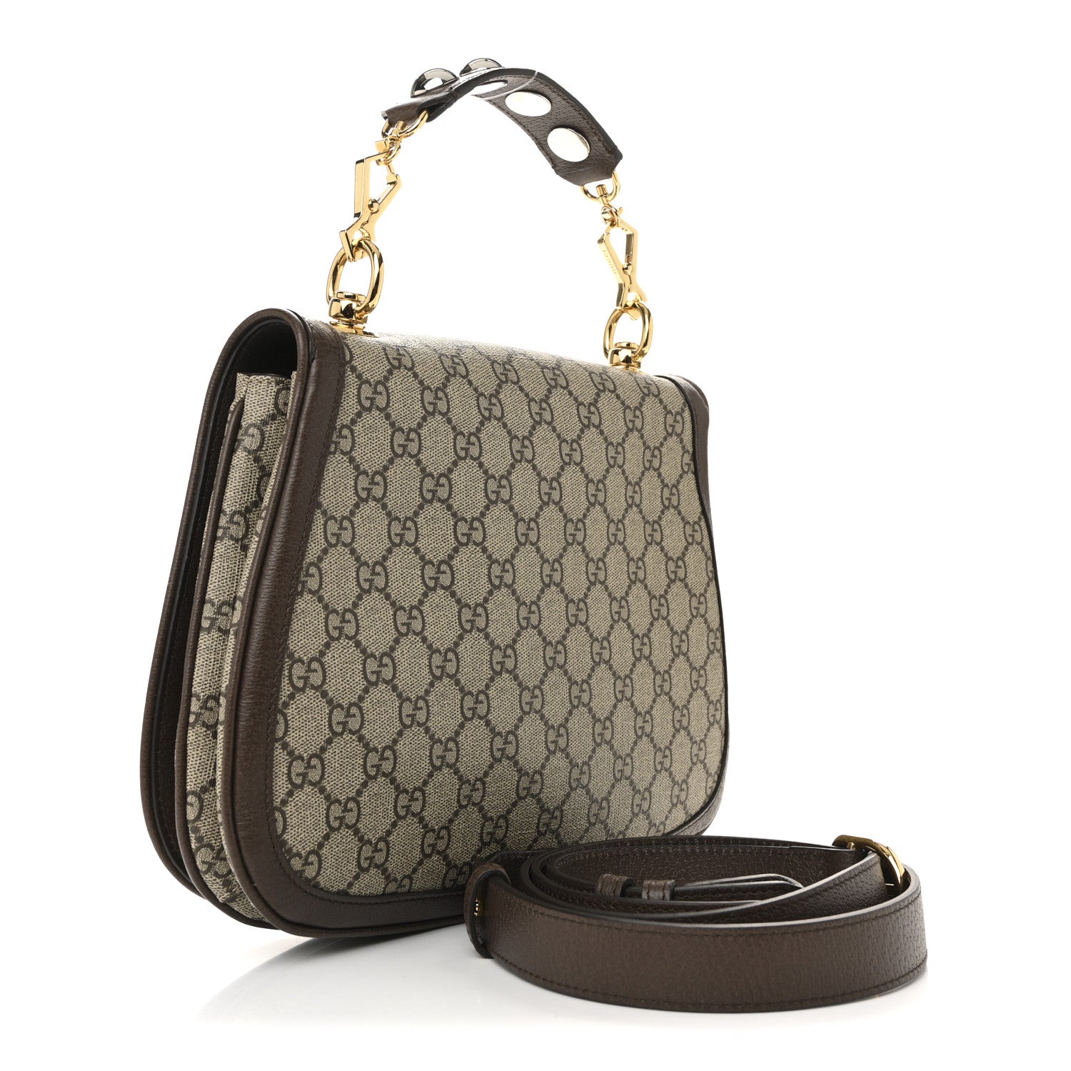 GG Supreme Monogram Textured Dollar Calfskin Web Medium Blondie Top Handle Shoulder Flap Bag Beige Ebony New Acero