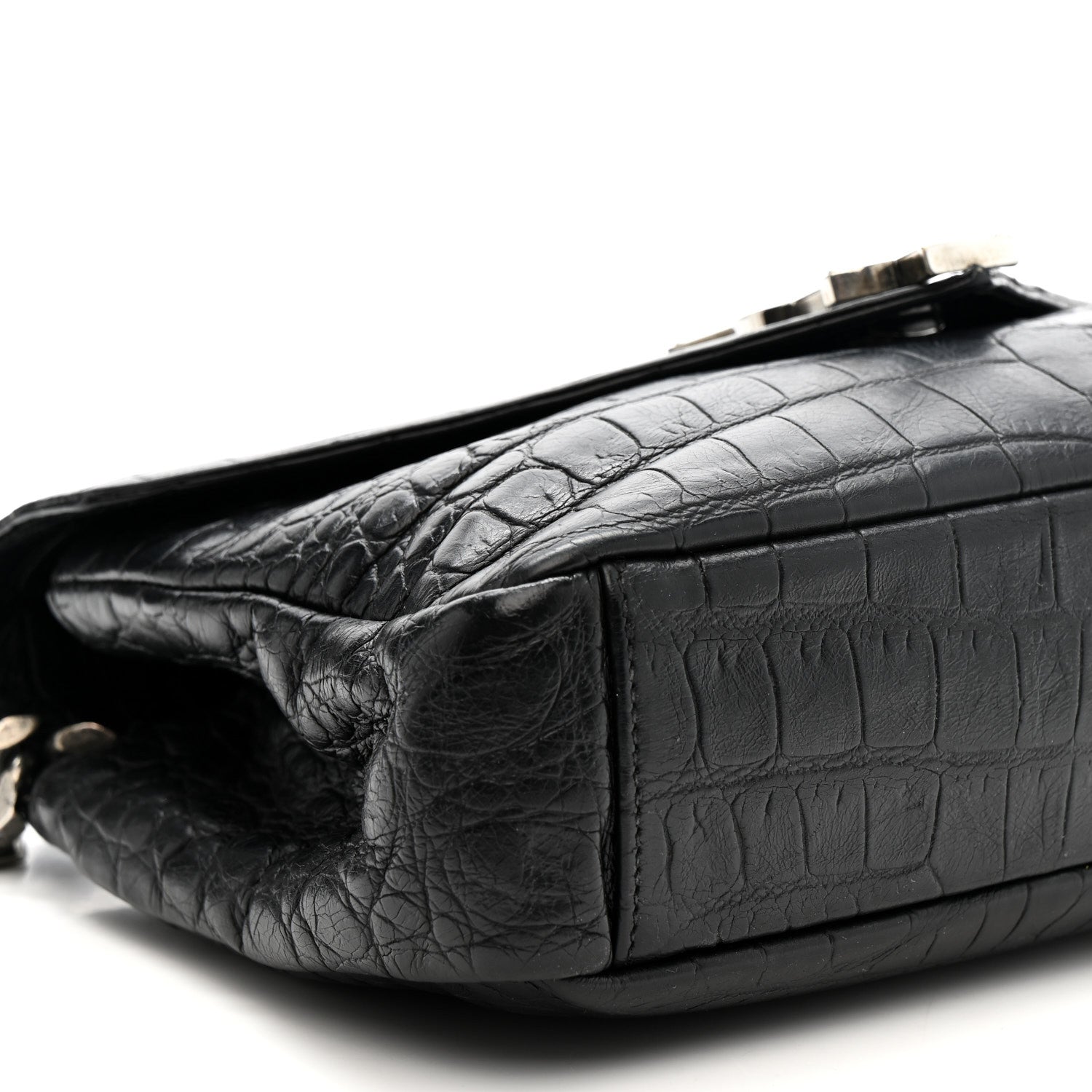 Calfskin Crocodile Embossed Medium College Monogram Satchel Black