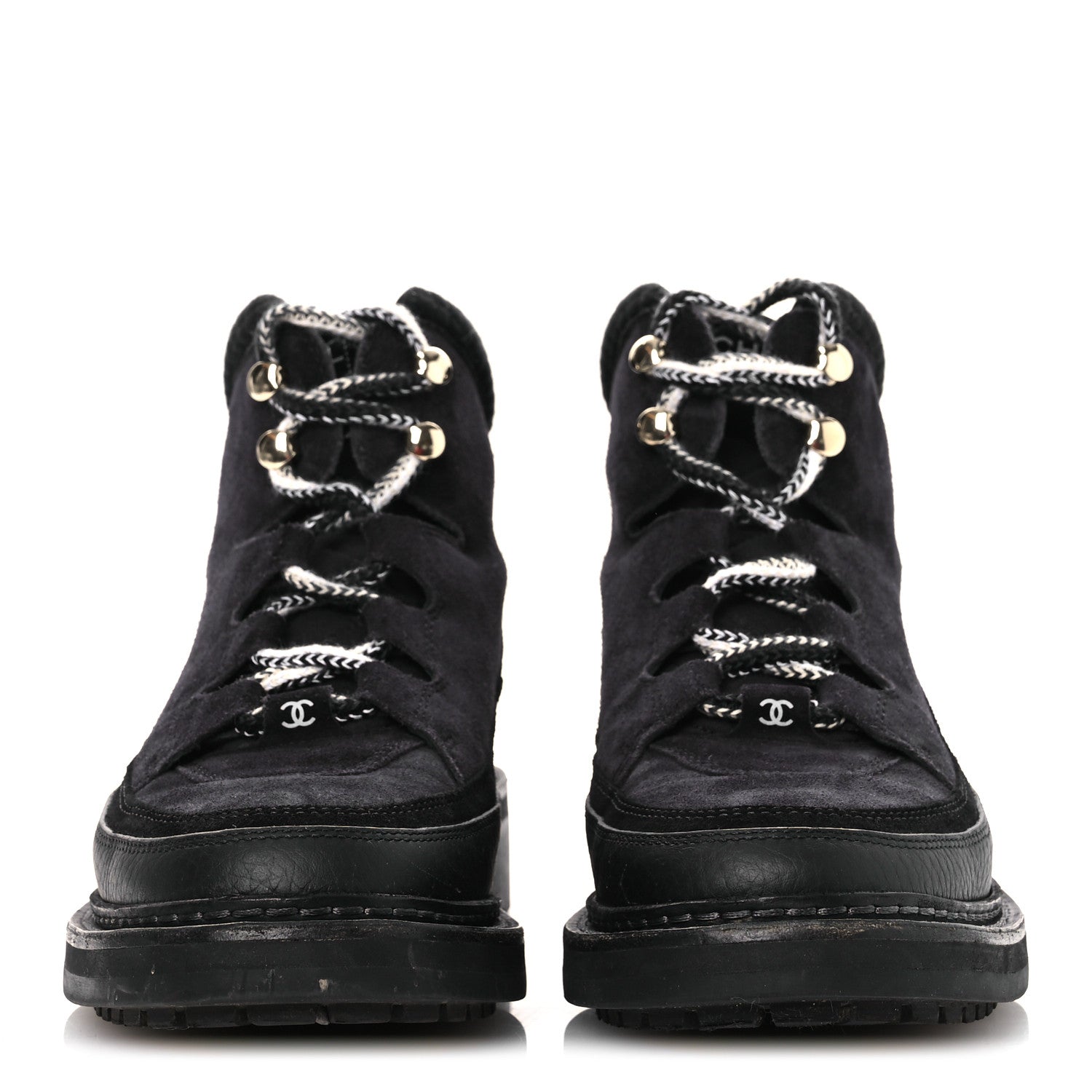 Suede Grained Calfskin CC Lace Up Boots 38 Black