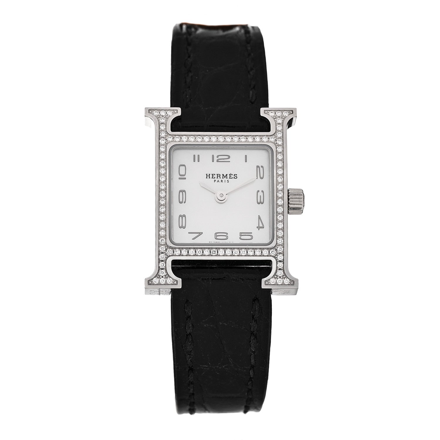 Stainless Steel Alligator Diamond Bezel Mother of Pearl 17.2mm Heure H Hour Quartz Watch Noir