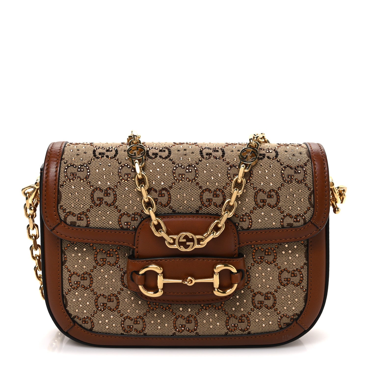 New Canvas Charisma Calfskin Crystal GG Monogram Mini Horsebit 1955 Shoulder Bag Camel Ebony