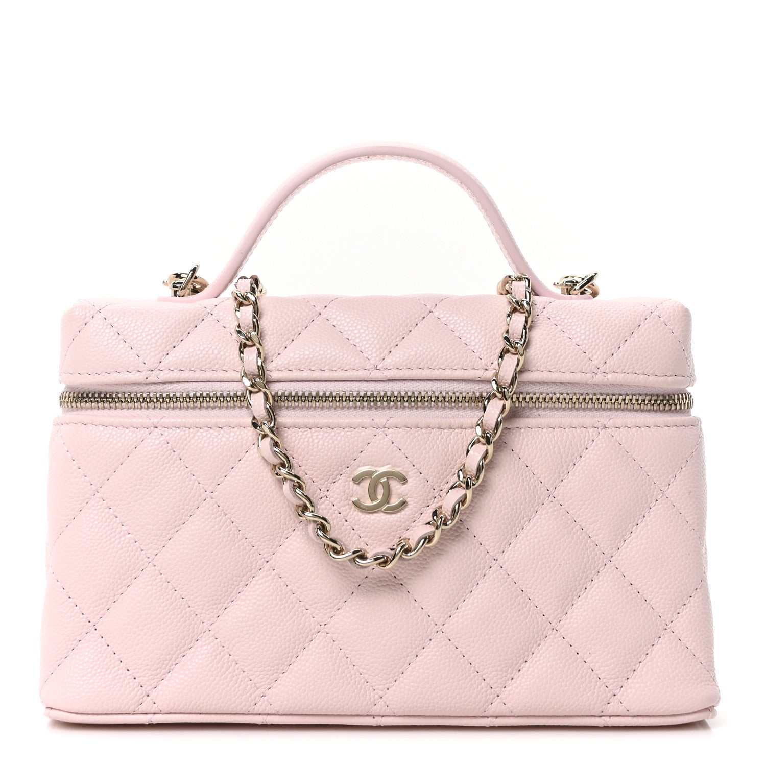 Caviar Quilted Top Handle Slim Vanity With Chain Light Pink