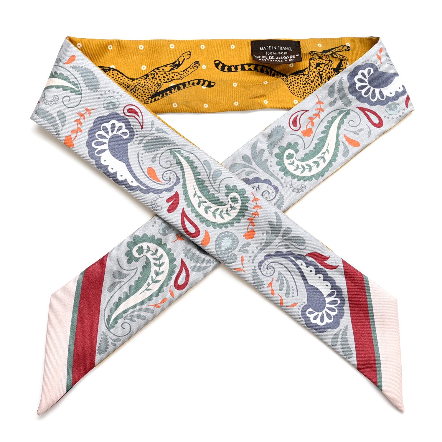 Silk Guepards Bandana Twilly Gris Perle Rouge H
