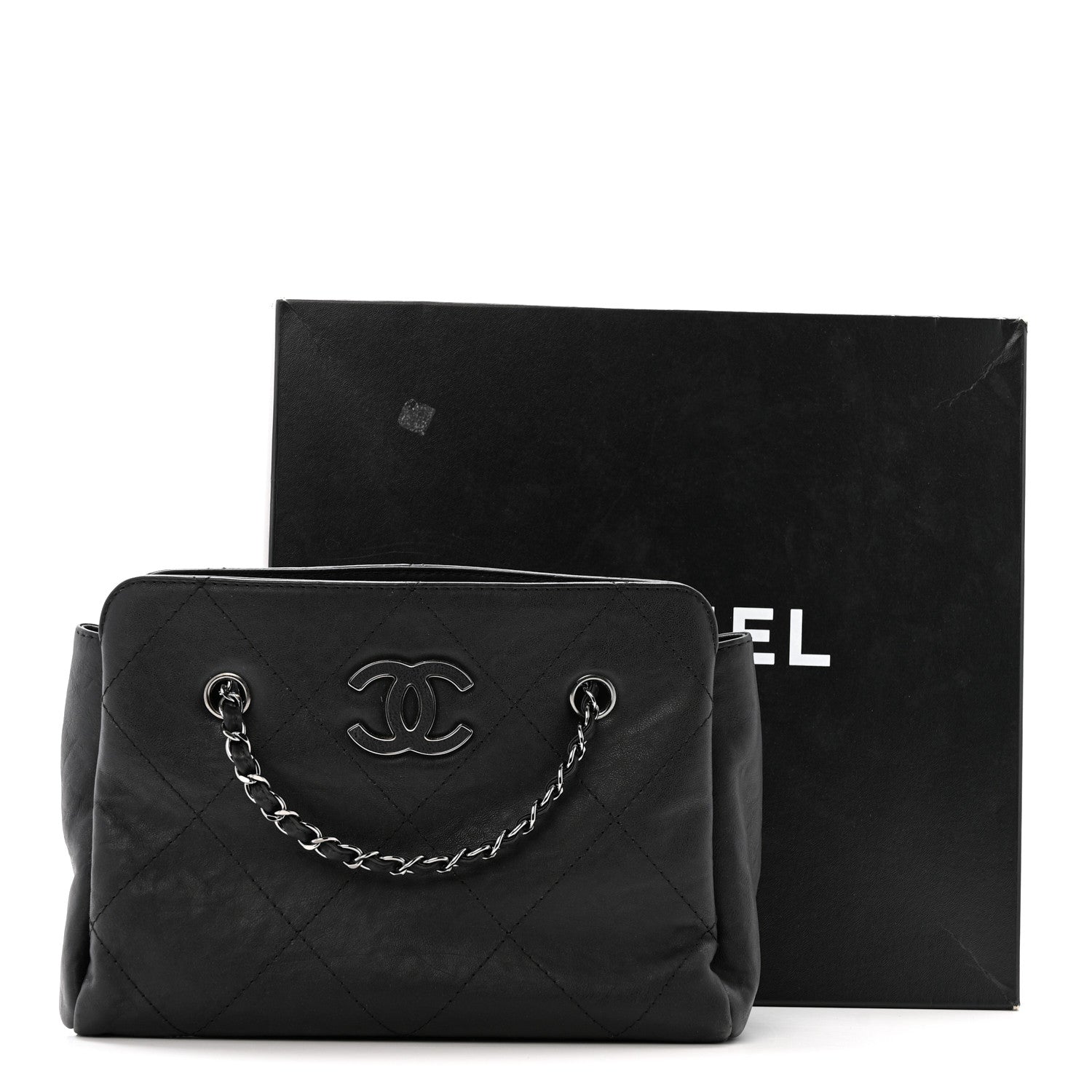 Washed Calfskin Diamond Stitch Hamptons Shopping Tote Black