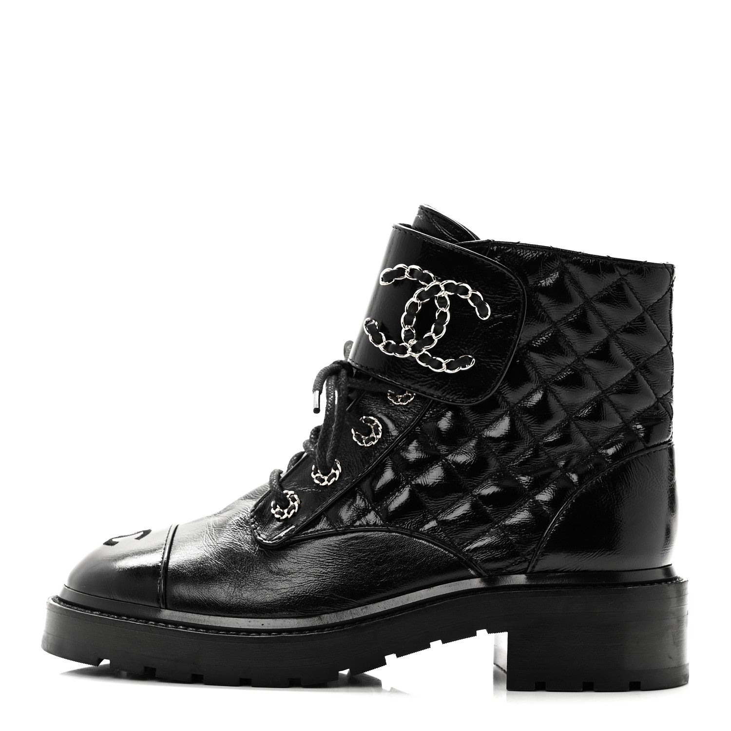 Shiny Lambskin Quilted Lace Up Combat Boots 38.5 Black