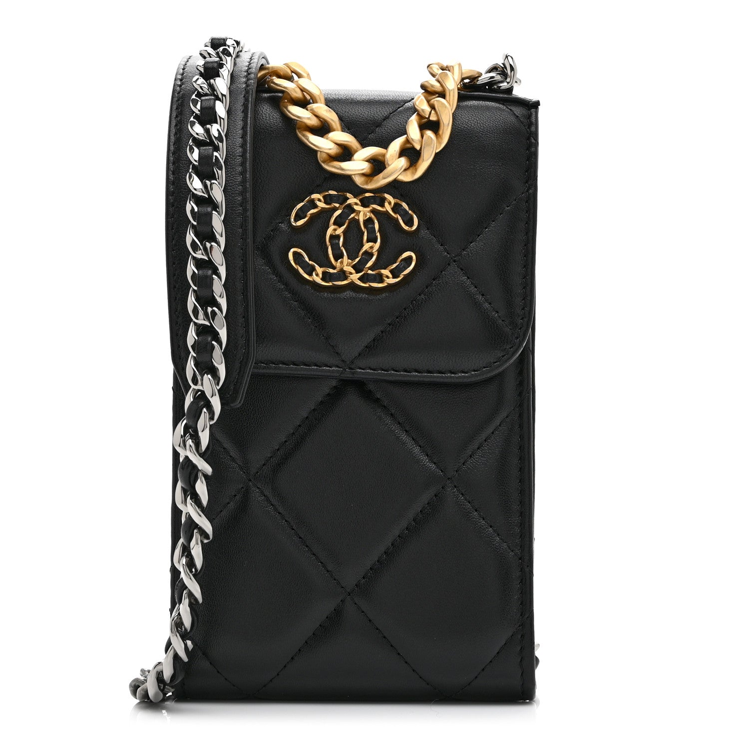 Lambskin Quilted Chanel 19 Phone Holder With Chain Black