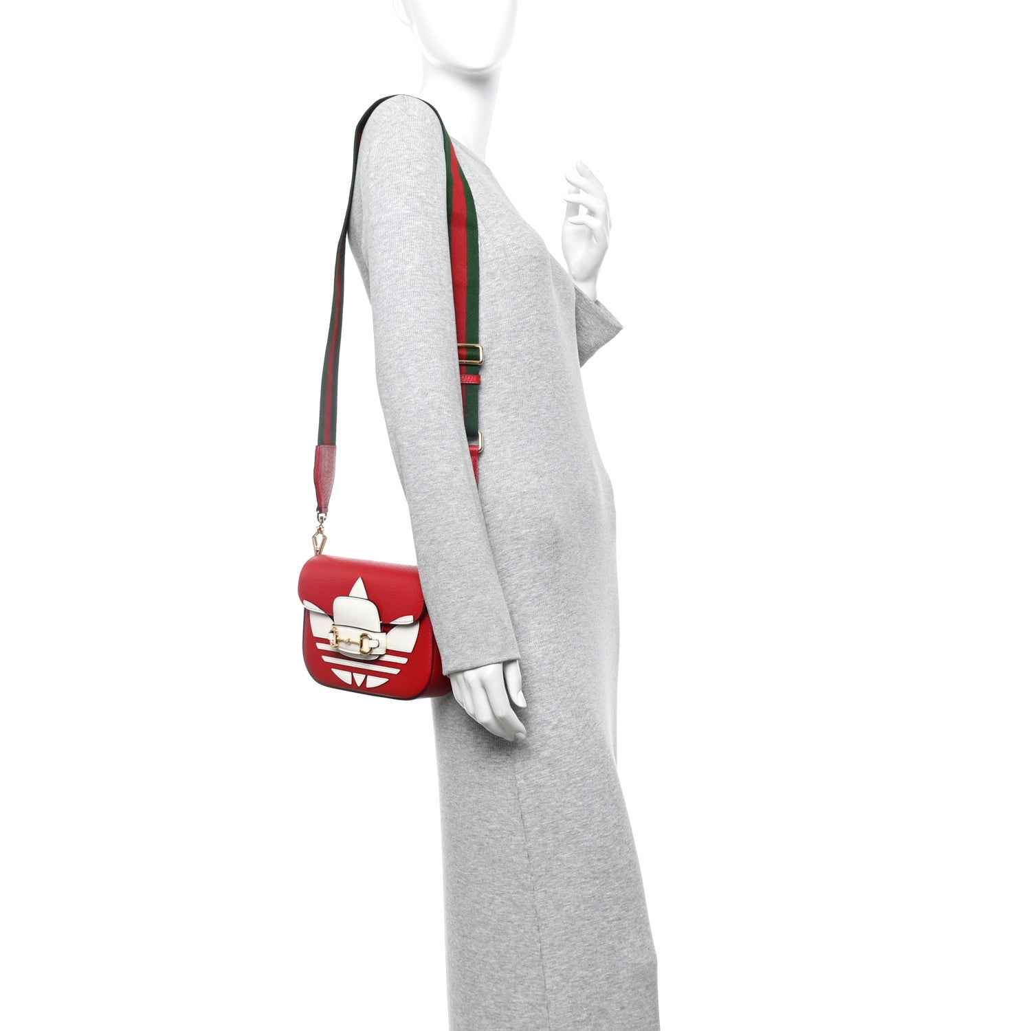 X ADIDAS Textured Dollar Calfskin Web Trefoil Mini Horsebit 1955 Shoulder Bag Hibiscus Red Off White