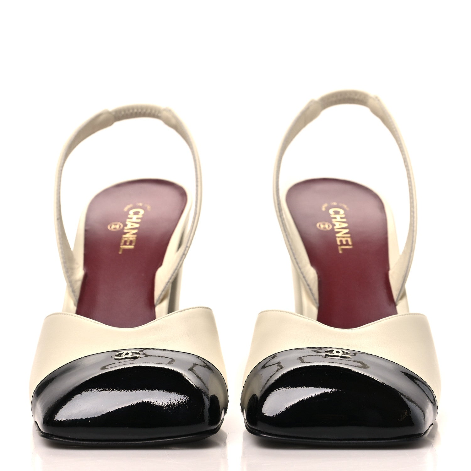 Lambskin Patent Calfskin Cap Toe CC Slingback Pumps 40 Ivory Black