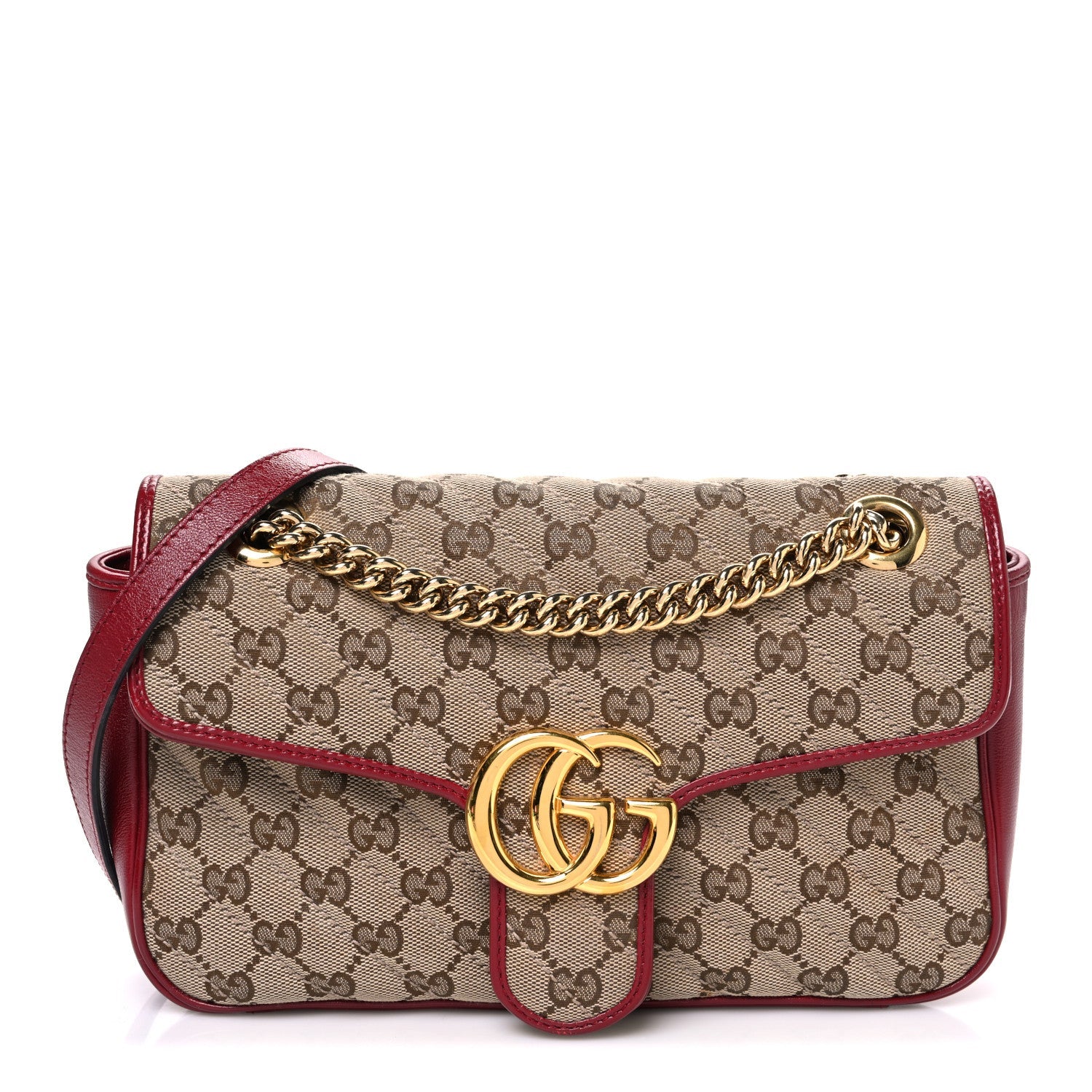 Monogram Azalea Calfskin Matelasse Diagonal Small GG Marmont Chain Shoulder Bag Beige Ebony New Cherry Red