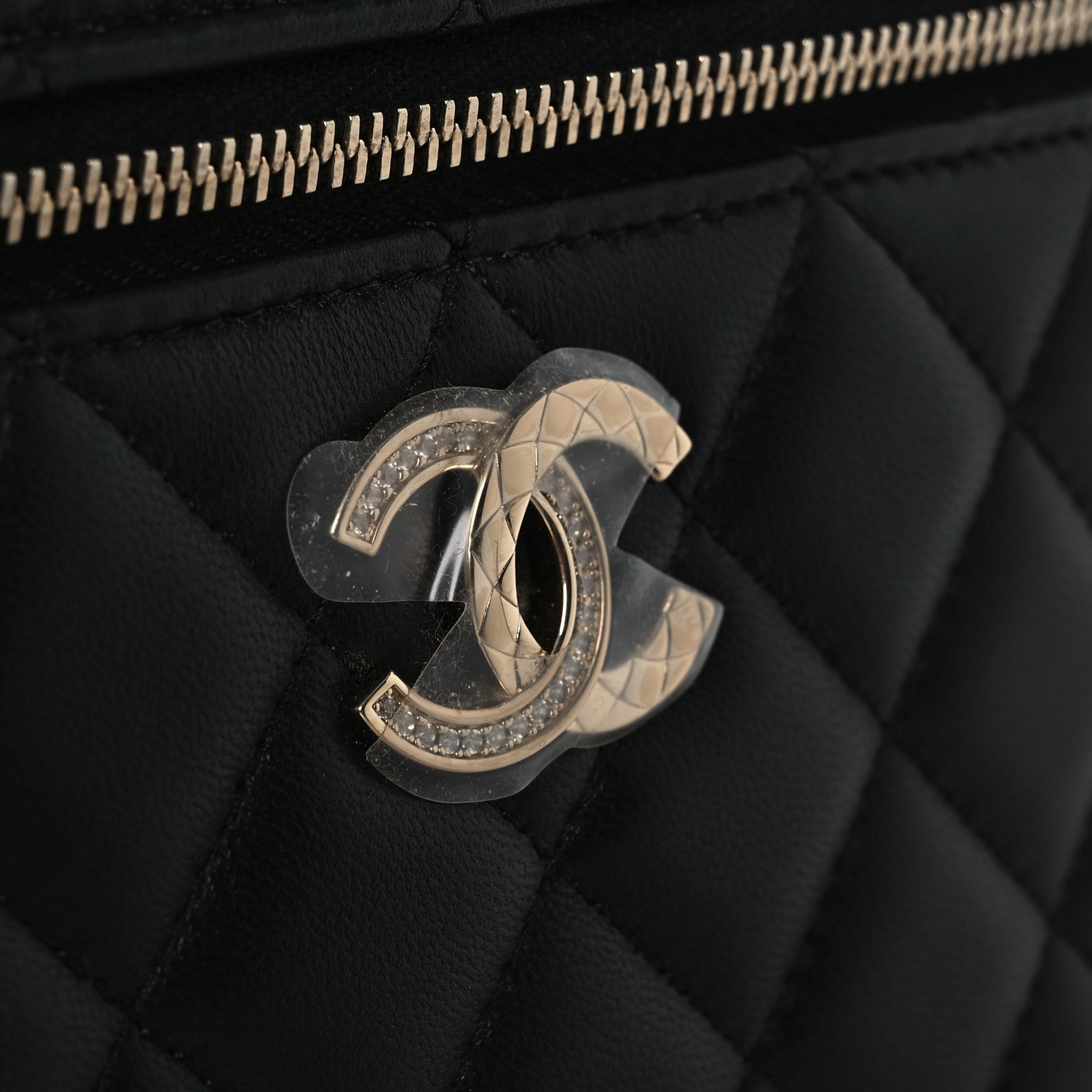 Lambskin Quilted Crystal CC Top Handle Slim Vanity Case With Chain Black