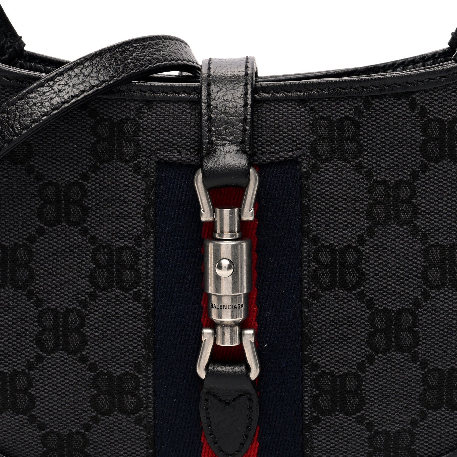 X BALENCIAGA BB Monogram Calfskin Web Mini Jackie 1961 Hobo Black