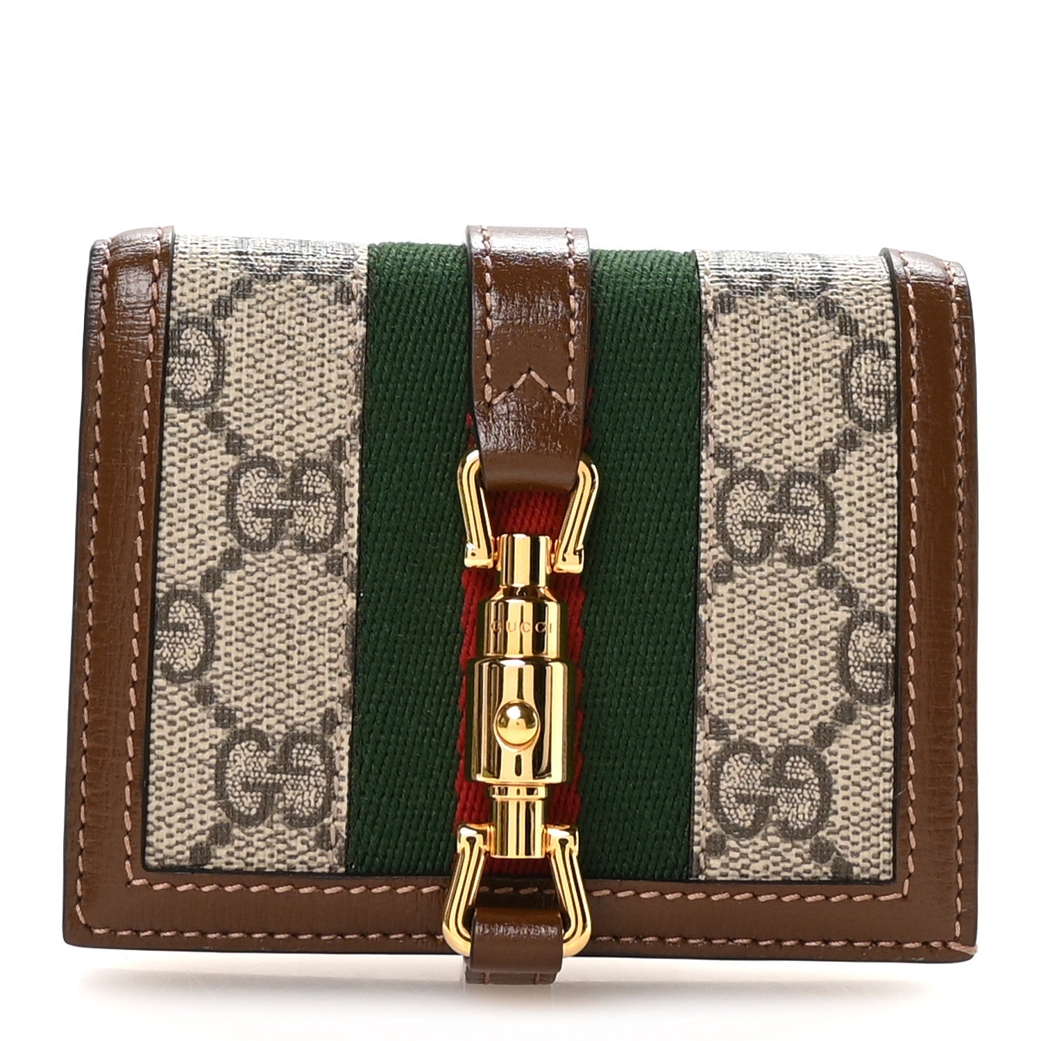 GG Supreme Monogram Textured Calfskin Web Jackie 1961 Card Case Beige Ebony Brown Sugar