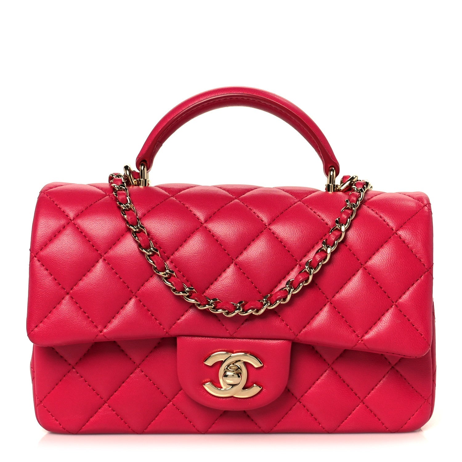 Lambskin Quilted Mini Top Handle Rectangular Flap Fuchsia