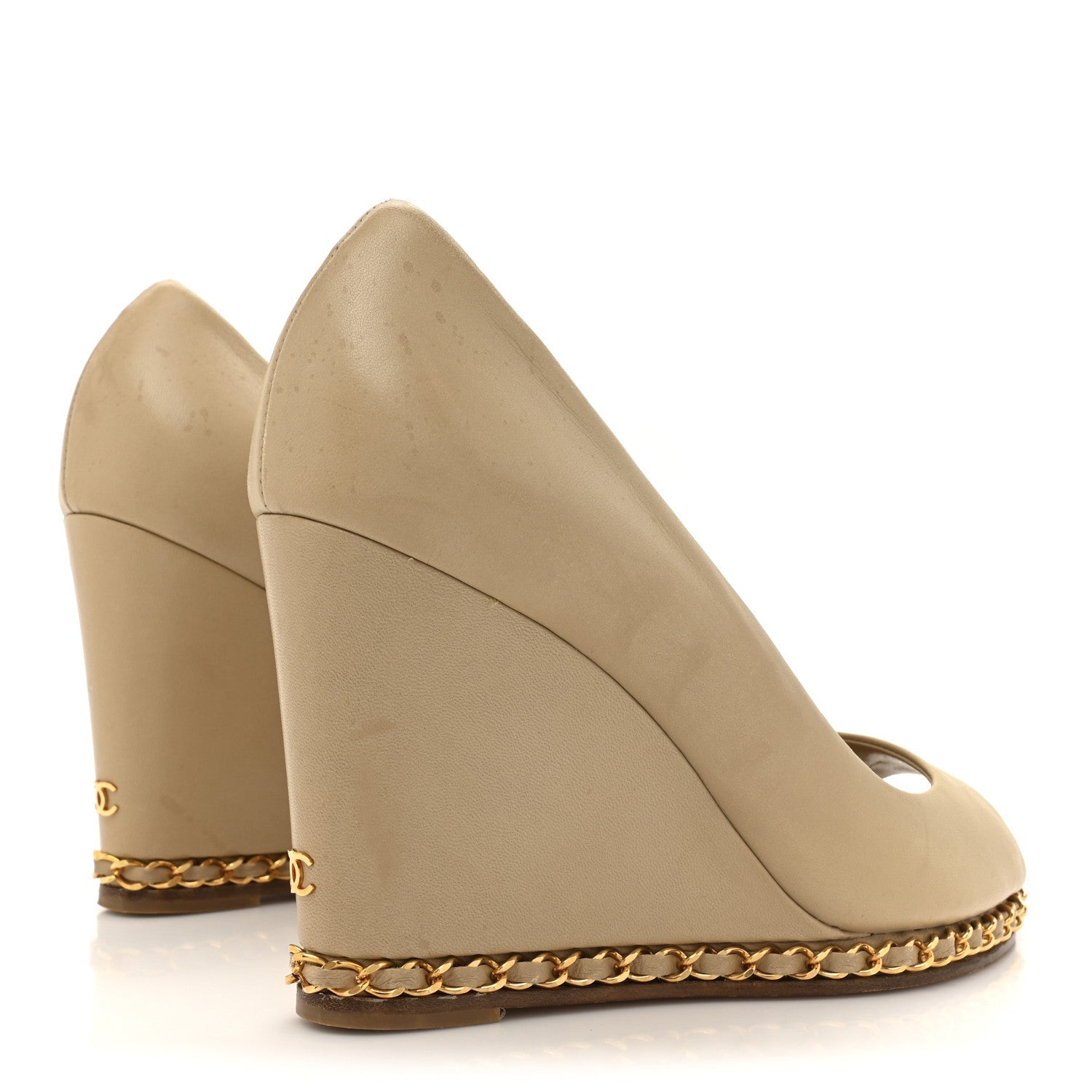 Calfskin Chain Peep Toe Wedge Pumps 39 Beige