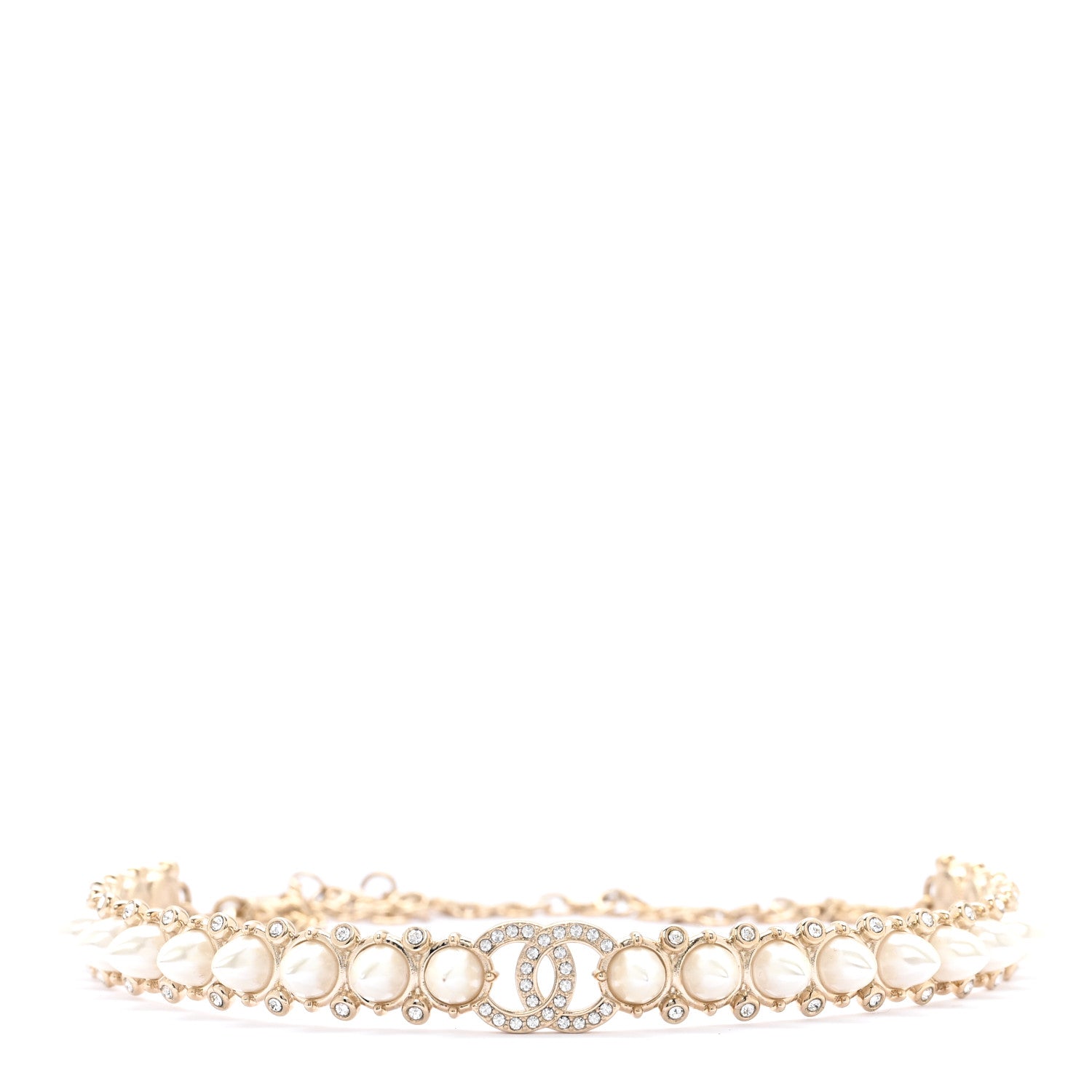 Strass Crystal Studded Pearl CC Choker Necklace Gold Pearly White