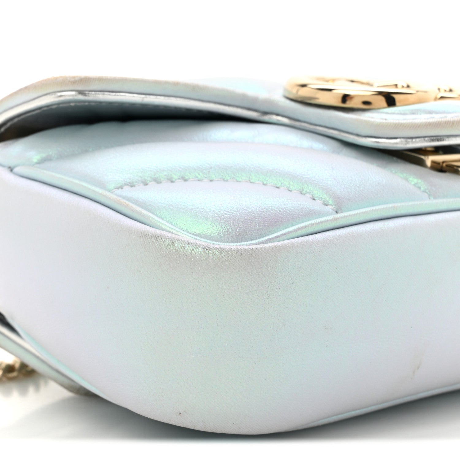 Iridescent Nappa Chevron Matelasse Super Mini GG Marmont Shoulder Bag Iridescent Snow Light Blue