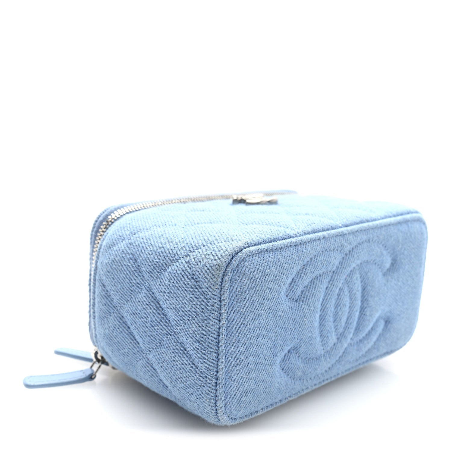 Denim Quilted Sweetheart Small Vanity Case With Chain Blue