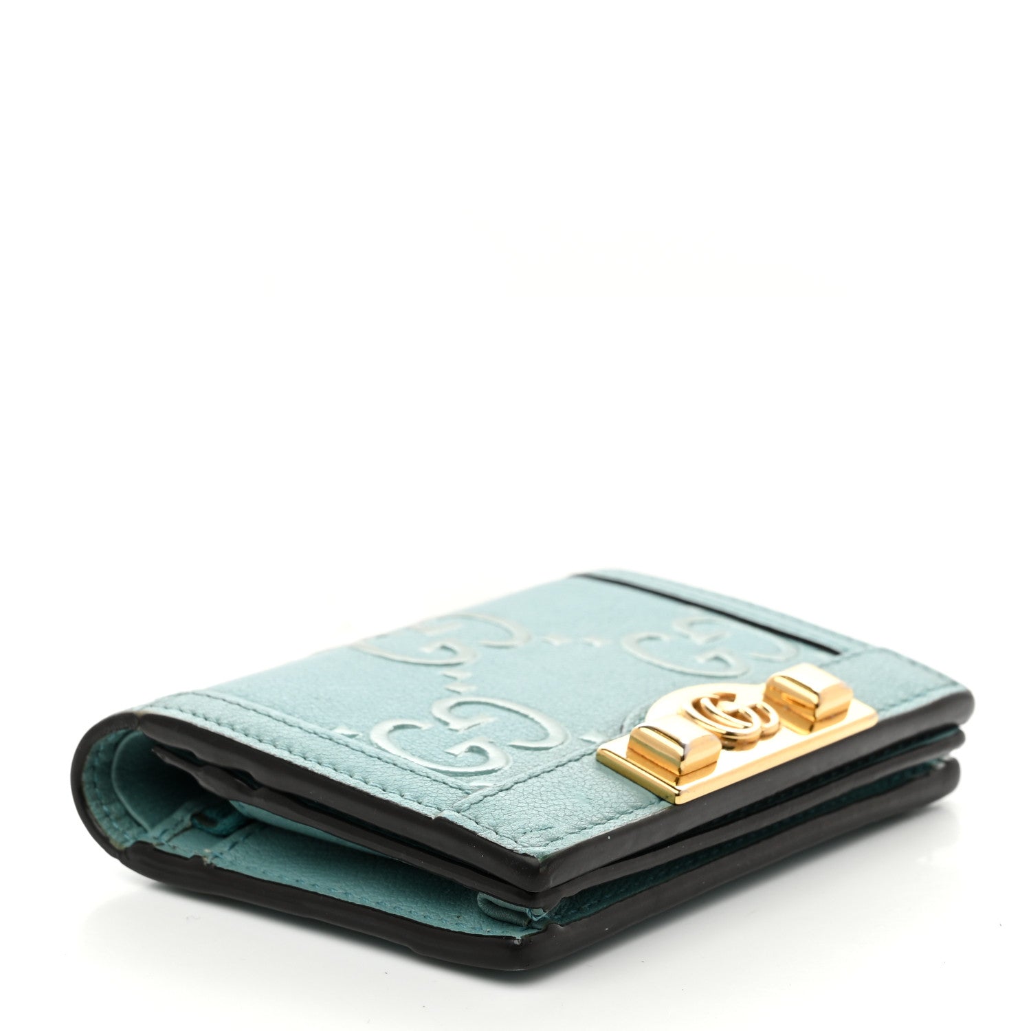 Wonka Grain Calfskin GG Monogram Embossed Card Case Wallet Dusty Azure