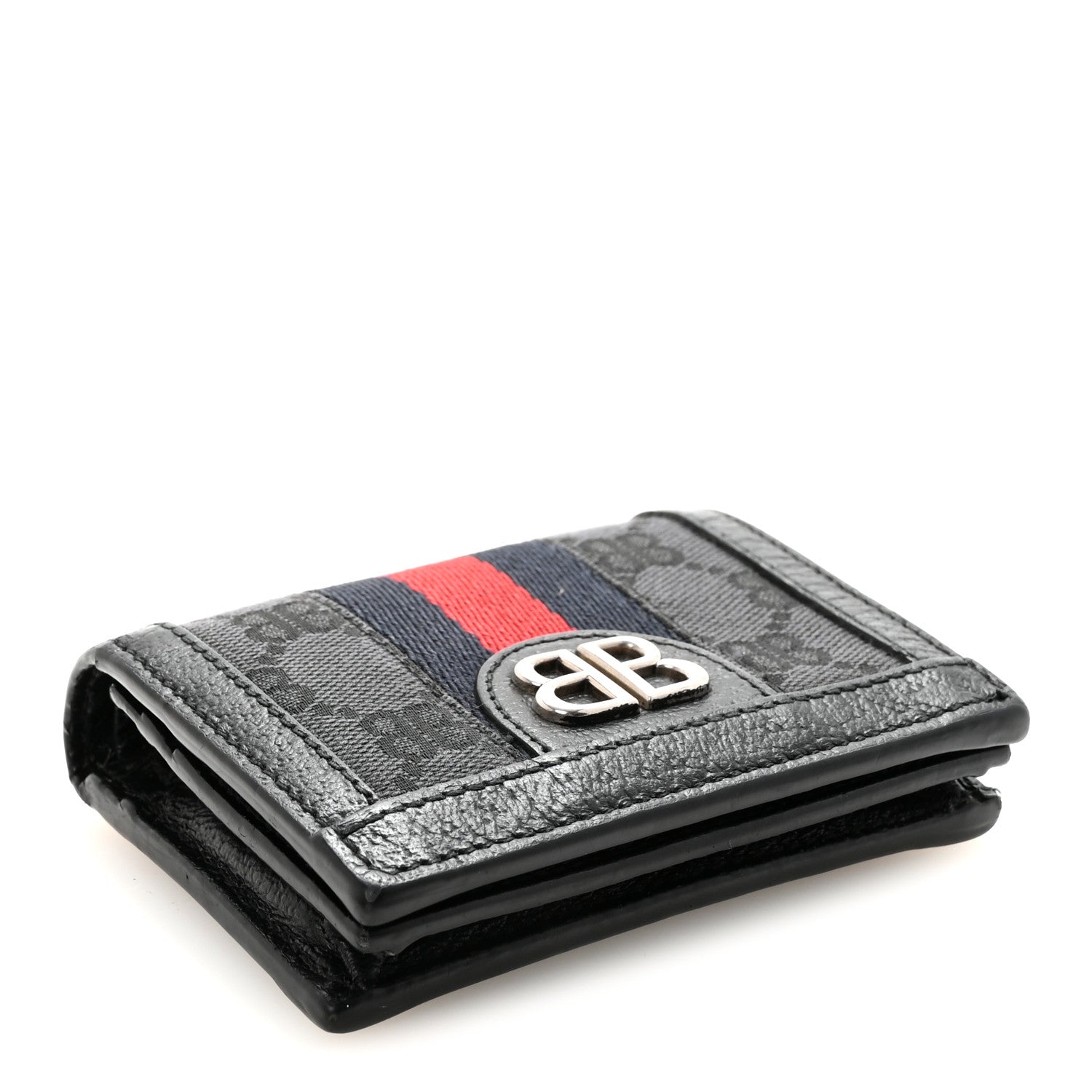X BALENCIAGA BB Monogram Web Ophidia Card Case Wallet Black