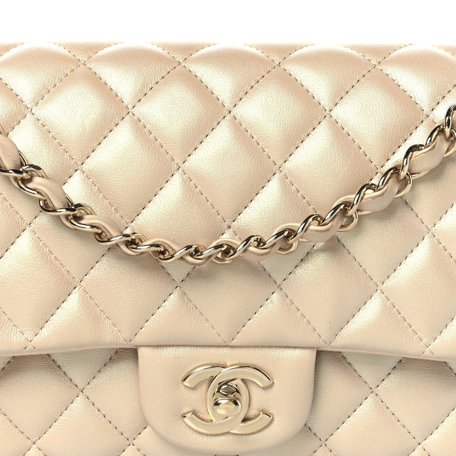 Iridescent Caviar Quilted Medium Double Flap Beige