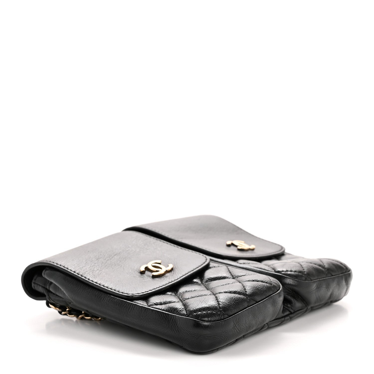 Glazed Calfskin Quilted Double Pocket Crossbody Flap Black